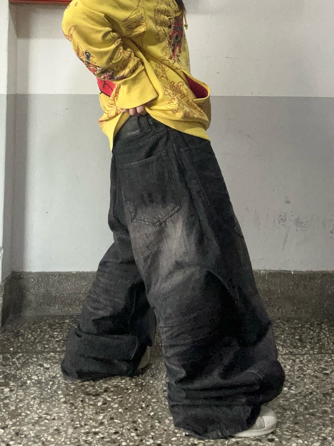 90s ROCA WEAR 블랙 워싱 데님 와이드팬츠 상품이미지3