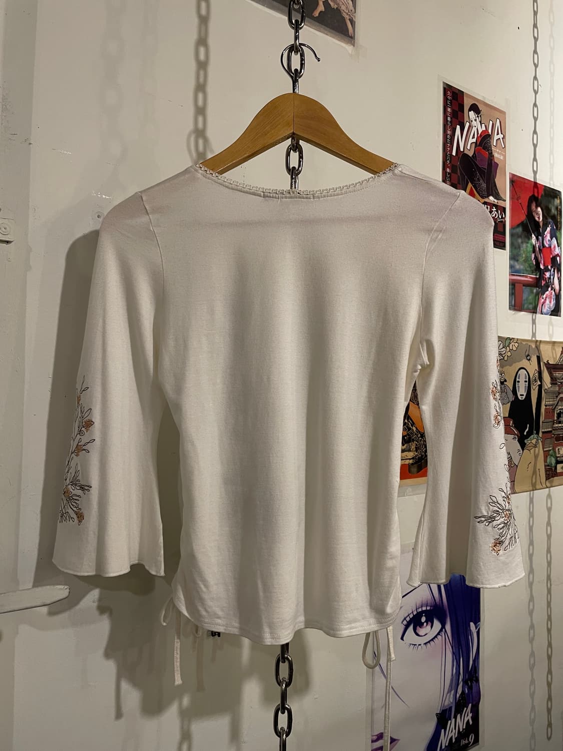 플라워 자수 셔링 화이트 플레어 7부 슬리브 모리 오리엔탈 보헤미안 상품이미지4