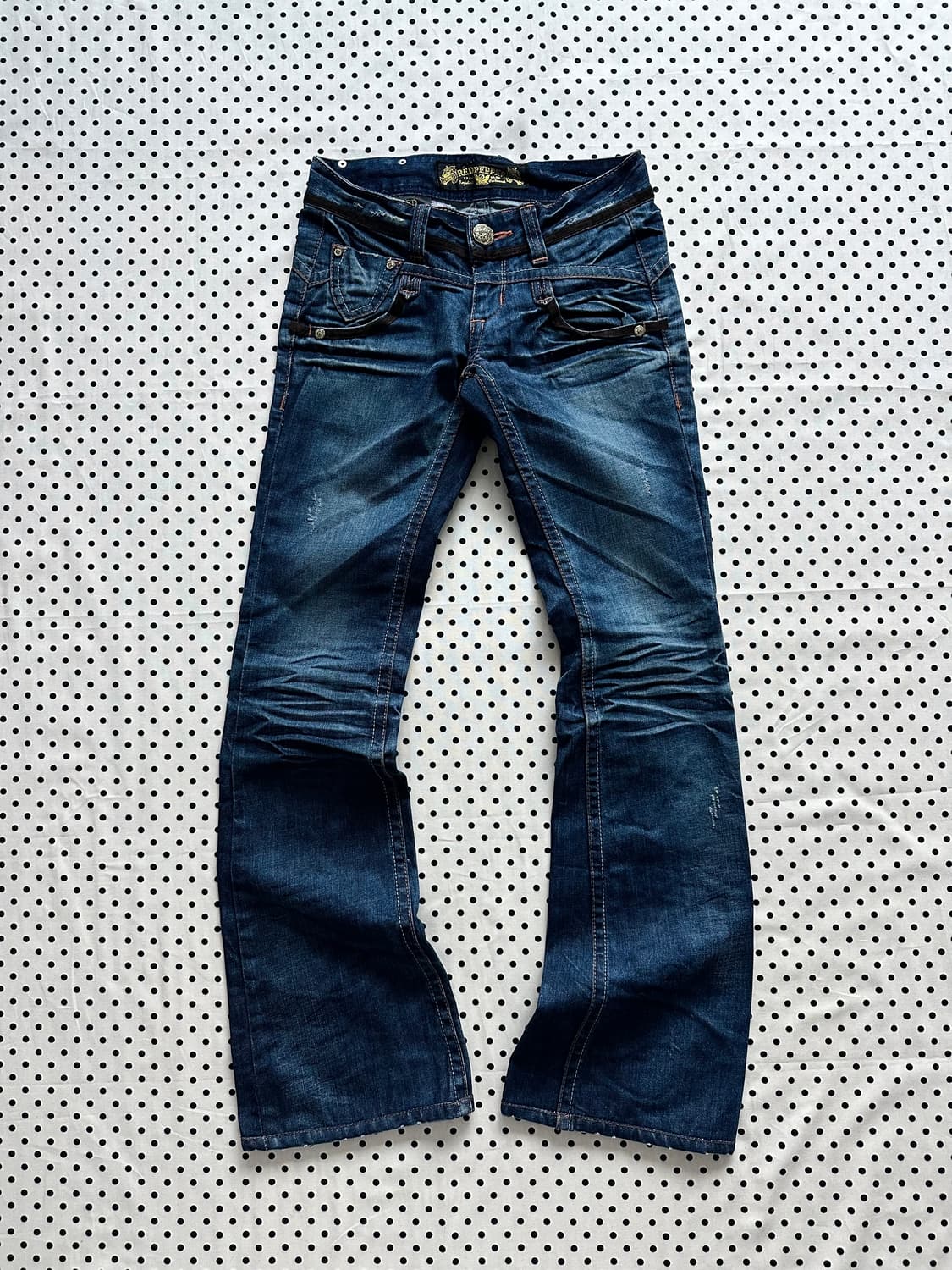 레드페퍼 해골 백패치 로우라이즈 부츠컷 데님팬츠 y2k 펑크 상품이미지2