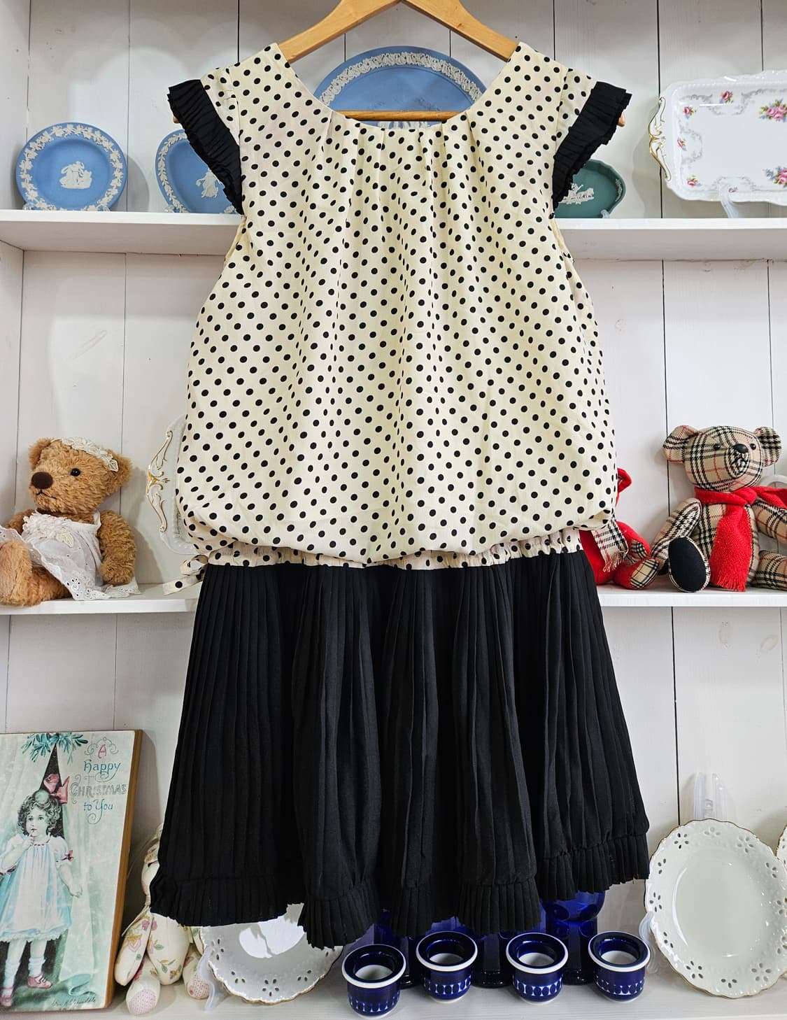 도트 플리츠 배색 원피스 상품이미지6