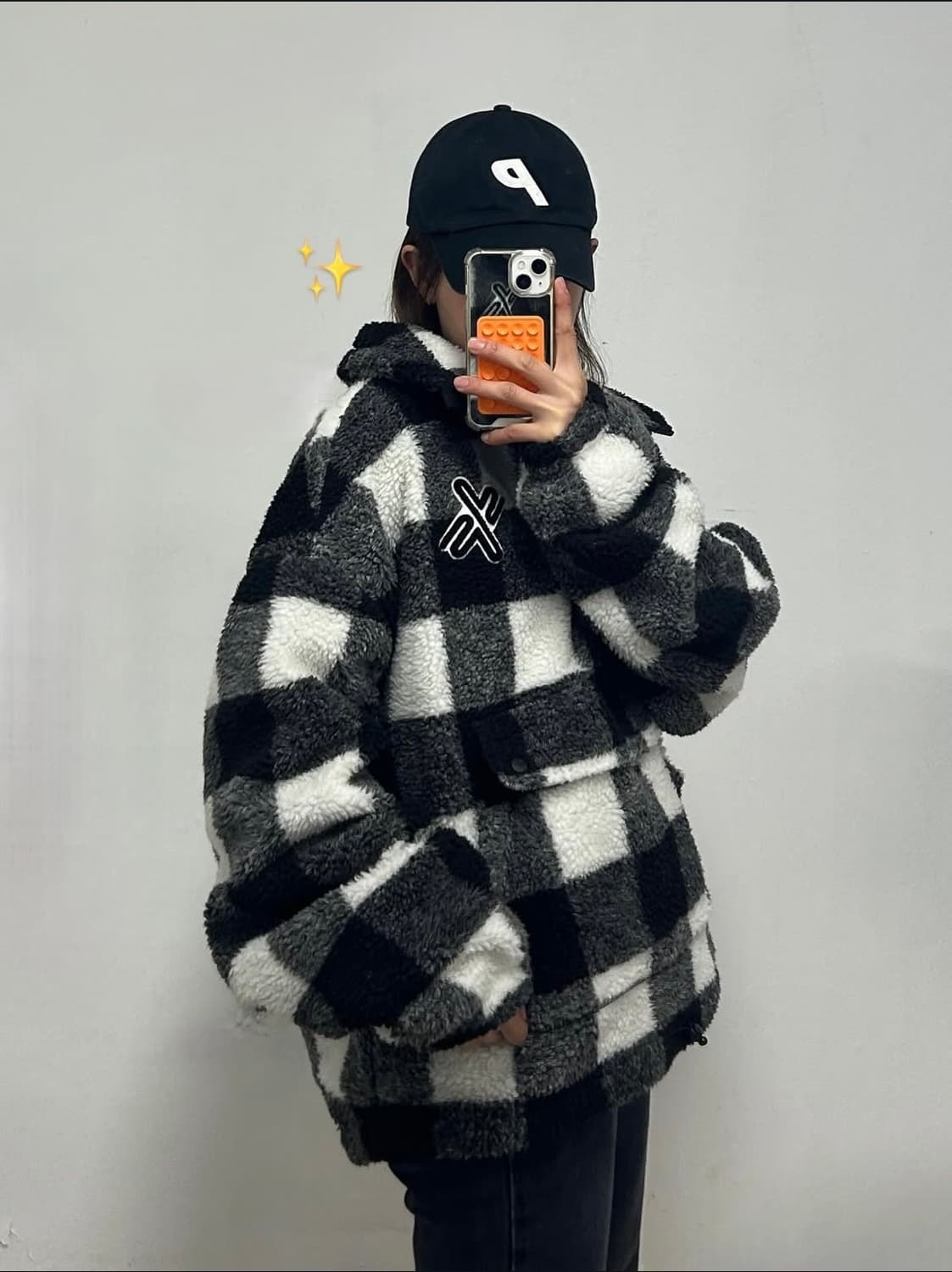 젝시믹스 자수로고 오레오 체크 플리스 아노락 상품이미지2