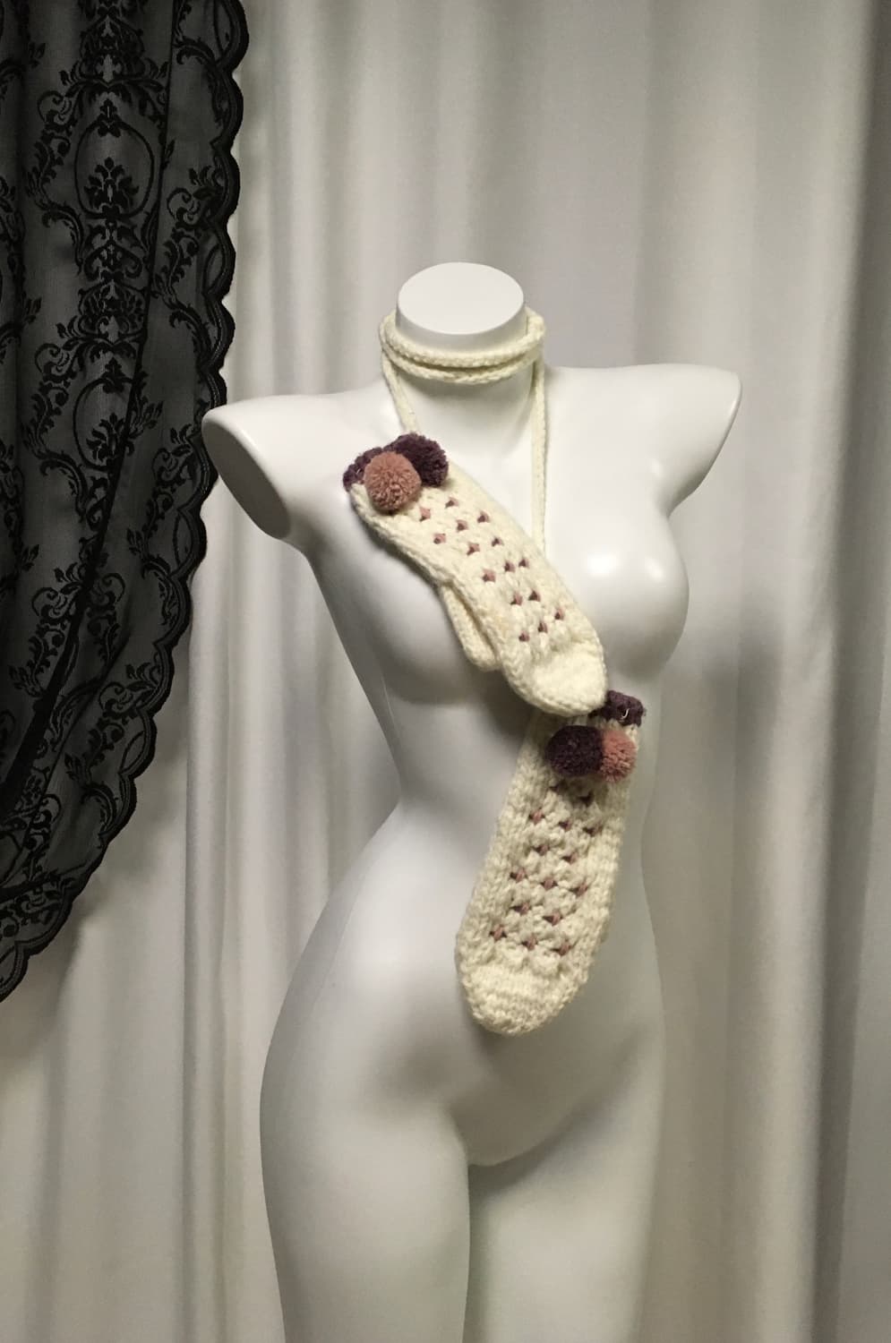 Vintage 하구미 모리걸 폼폼 뜨개 자수 벙어리 장갑 아이보리 상품이미지3