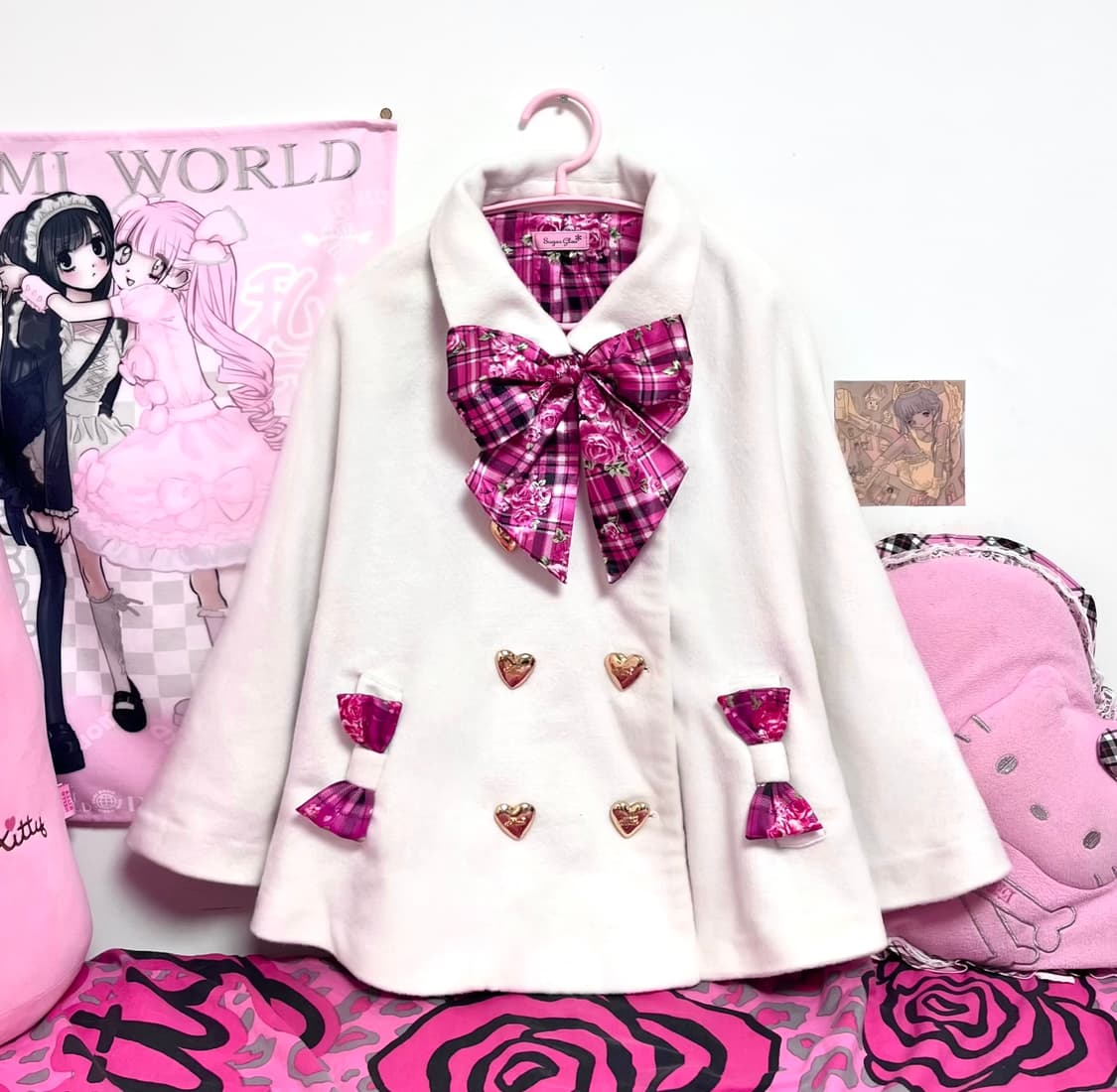 MA*RS마즈 핀터대장 흰핑 로즈체크 리본 판초 케이프 코트 히메오네갸루 상품이미지1