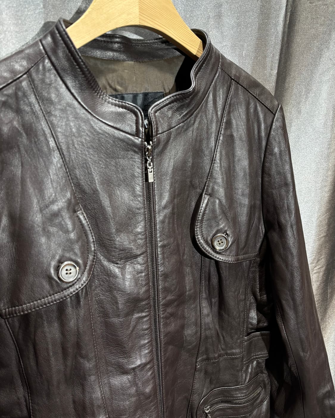 S 다크브라운 쉽스킨 반카라 레더 자켓  상품이미지4