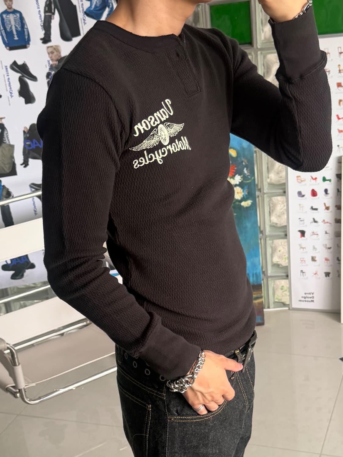 Henley neck thermal long T-shirt 상품이미지3