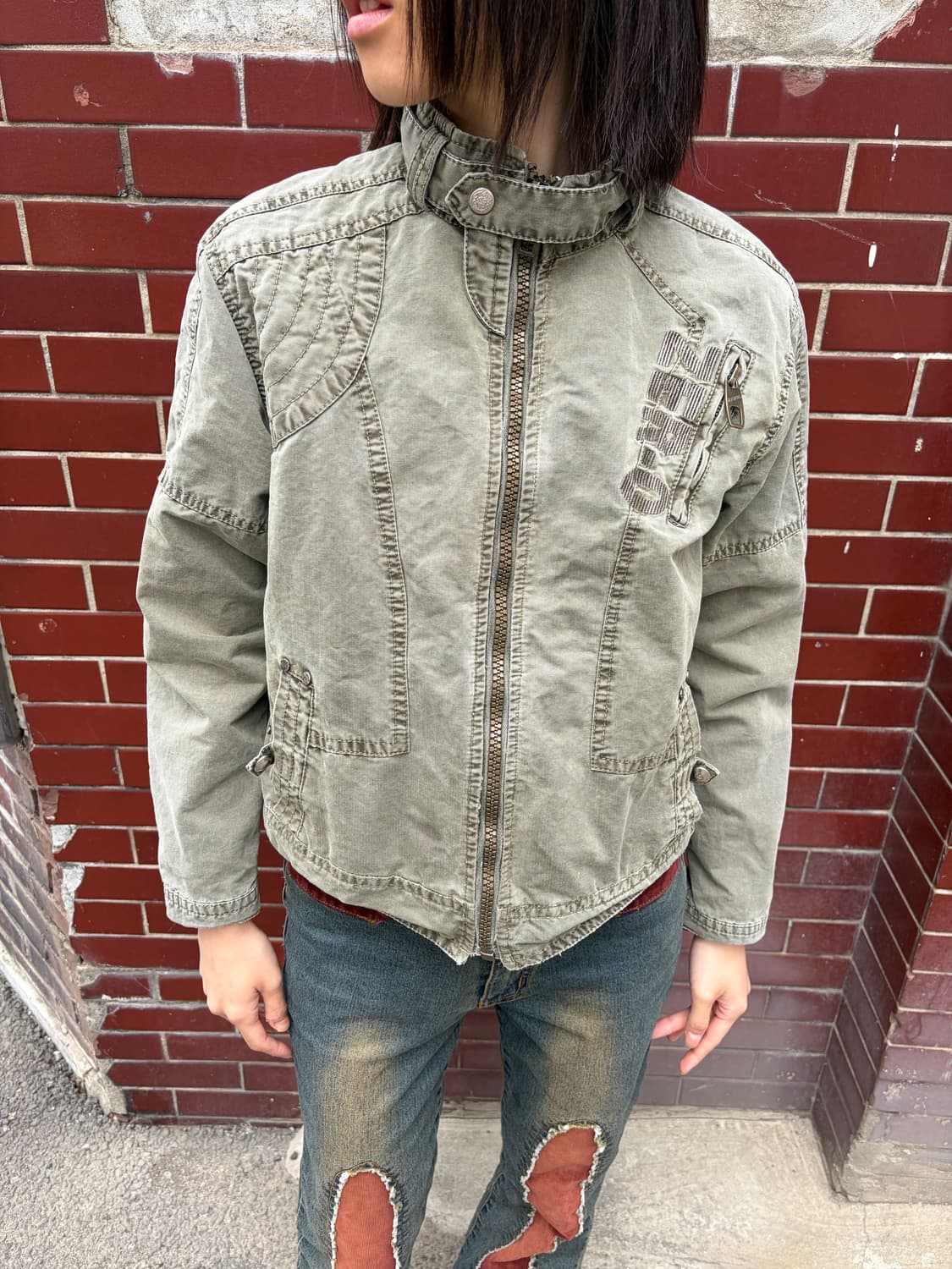 워싱 카키 크롭 집업 자켓 M 상품이미지2