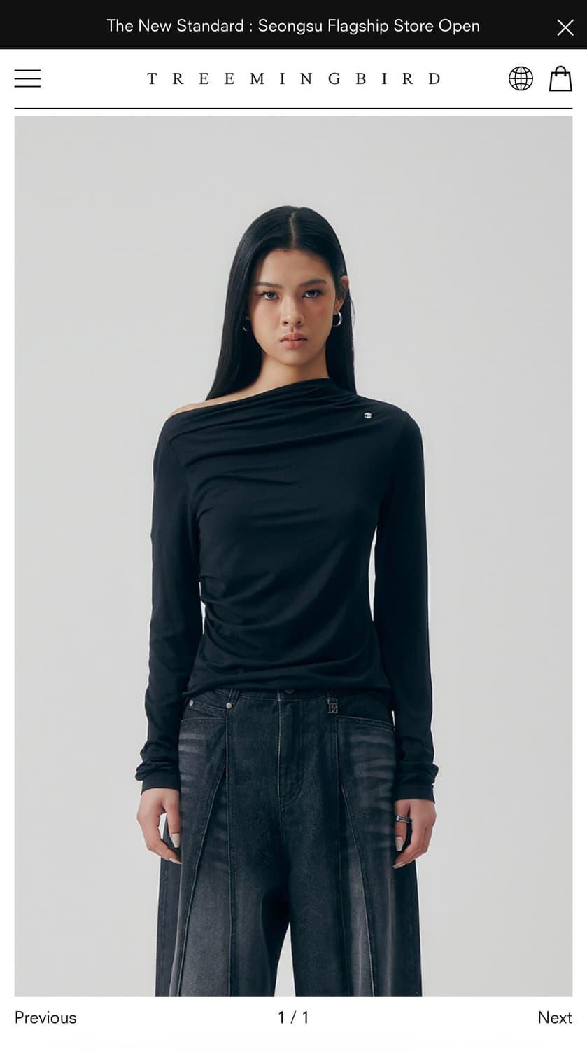 트리밍버드 원 숄더 드레이프 롱 슬리브 블랙 상품이미지1