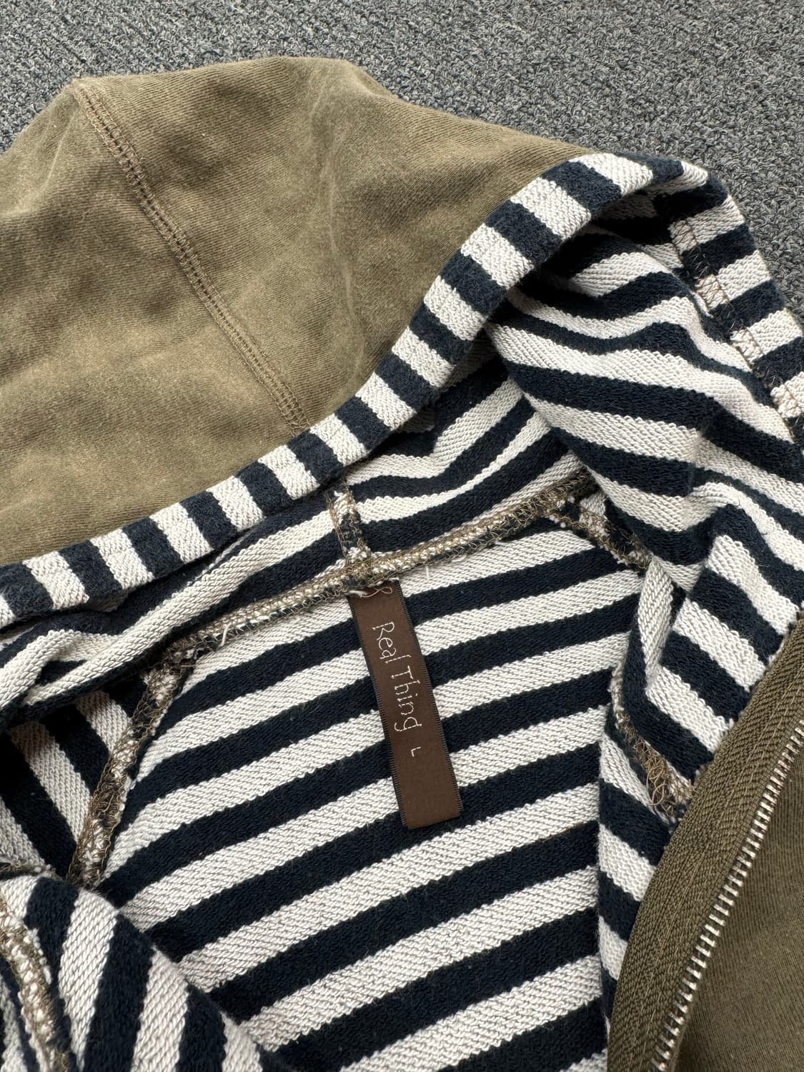 L)Real Thing 빈티지 스트라이프 포인트 올리브 후드집업 상품이미지4