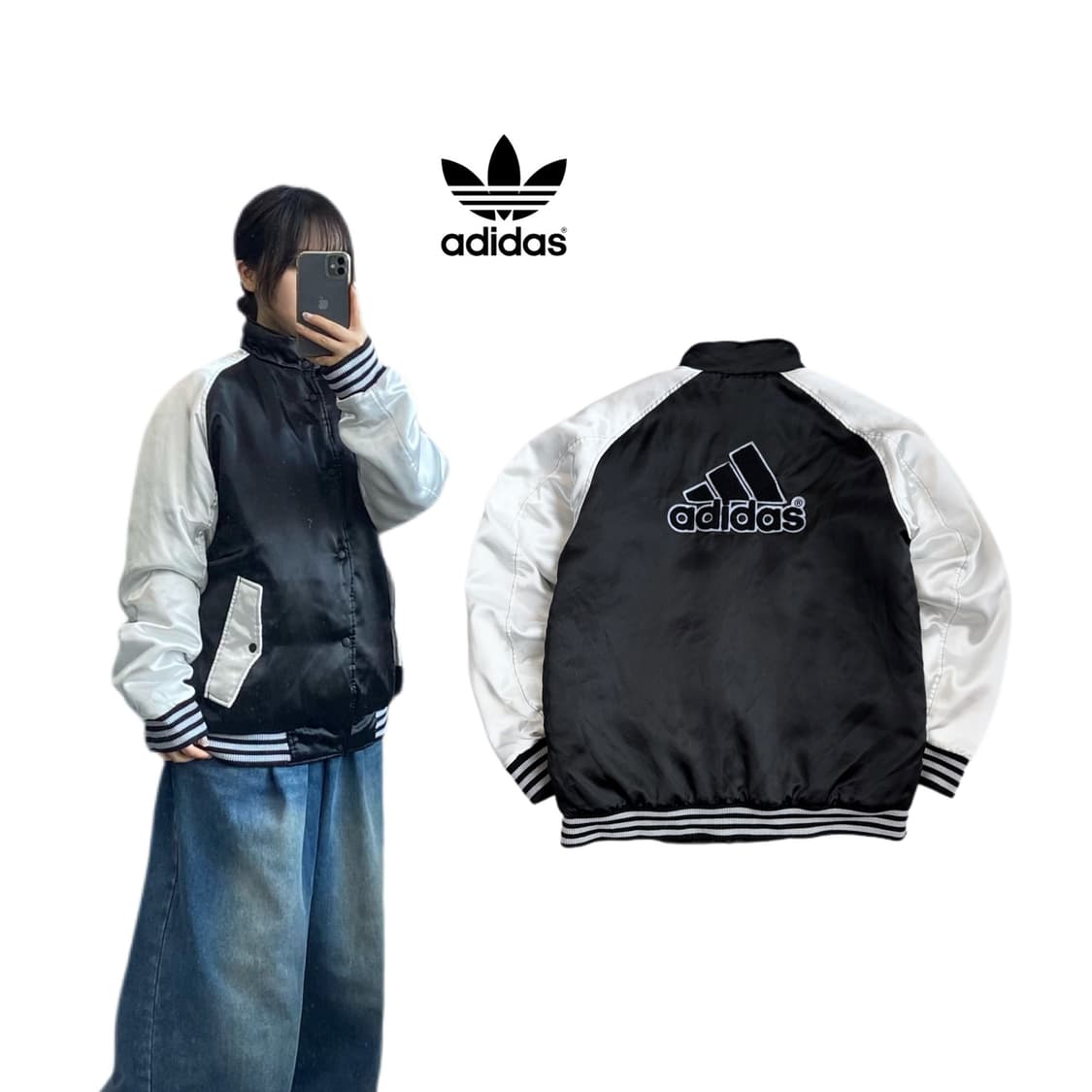 아디다스 00s 제팬 빅로고 올드스쿨 사틴 바시티 점퍼 자켓 상품이미지1