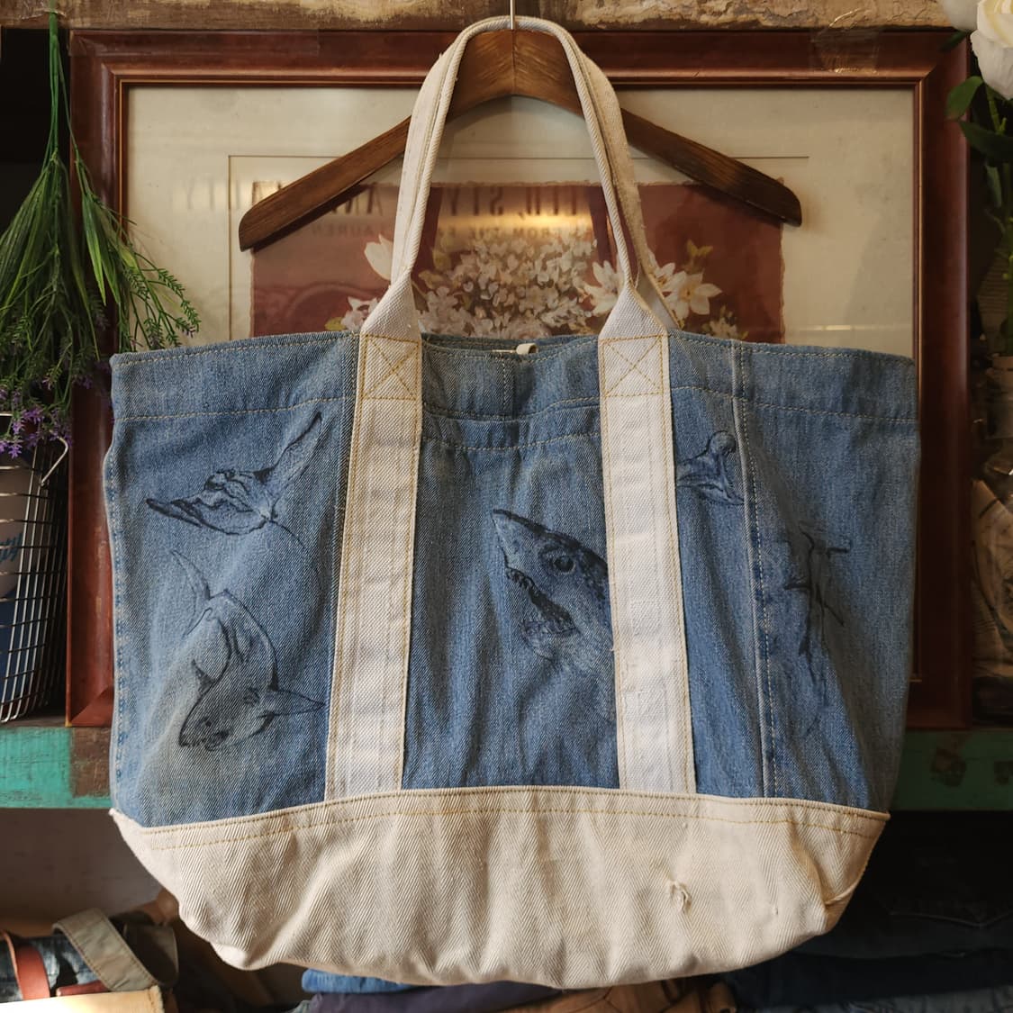핸드 드로잉 빅토트 캔버스 데님 토트백 빈티지 더플백 리메이크 상어 상품이미지1
