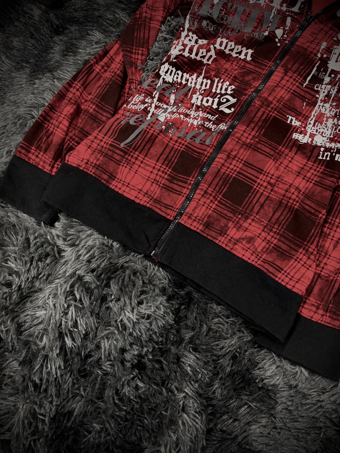 고딕 펑크 레터링 레드 체크 후드집업 상품이미지5