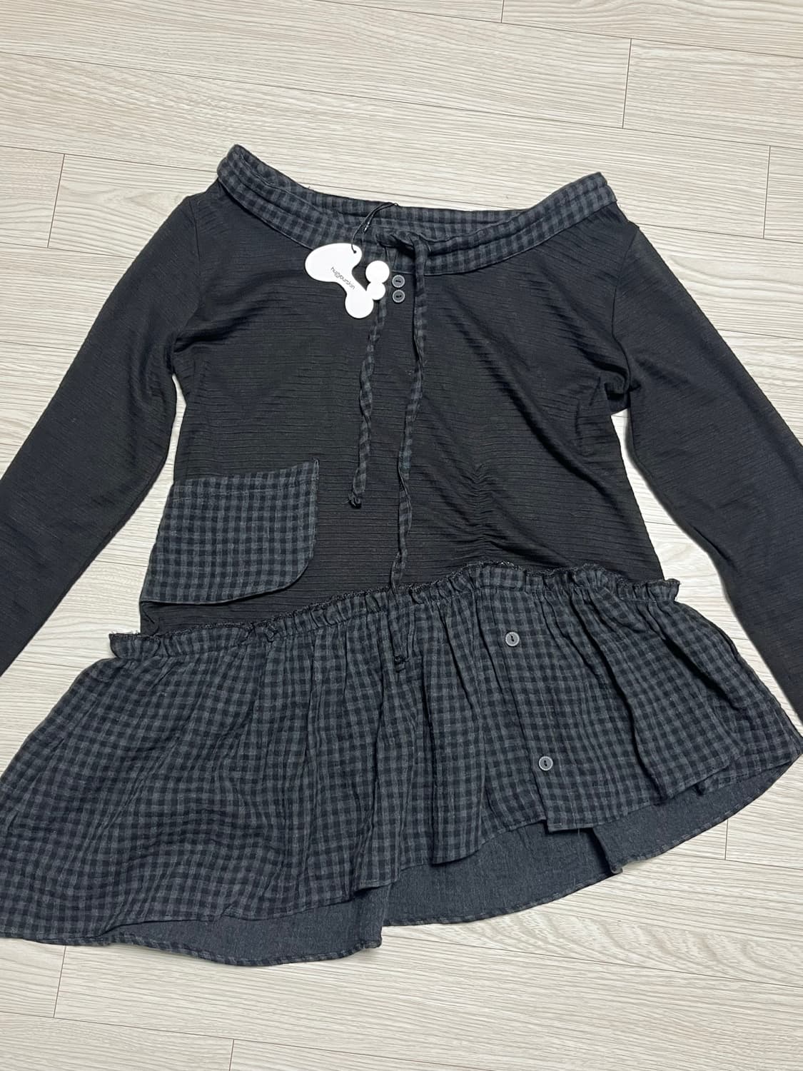 [새상품] 허그유어스킨 체크 셔츠 레이어드 니트 블랙 상품이미지3