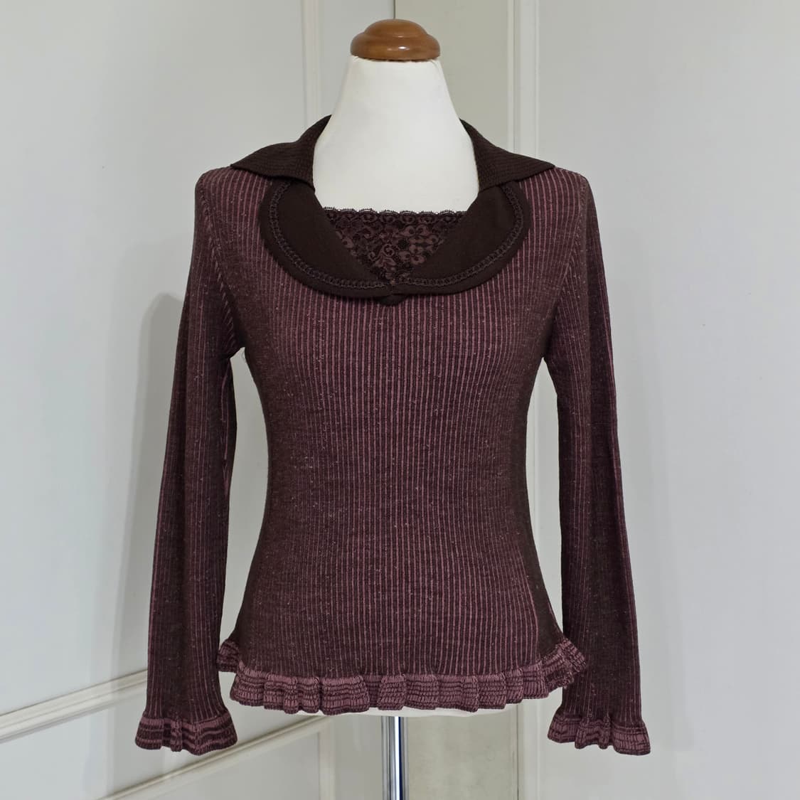 arte)빈티지 고딕 프릴 버건디 레이스 로맨틱레이어드울니트 골지블라우스 상품이미지2