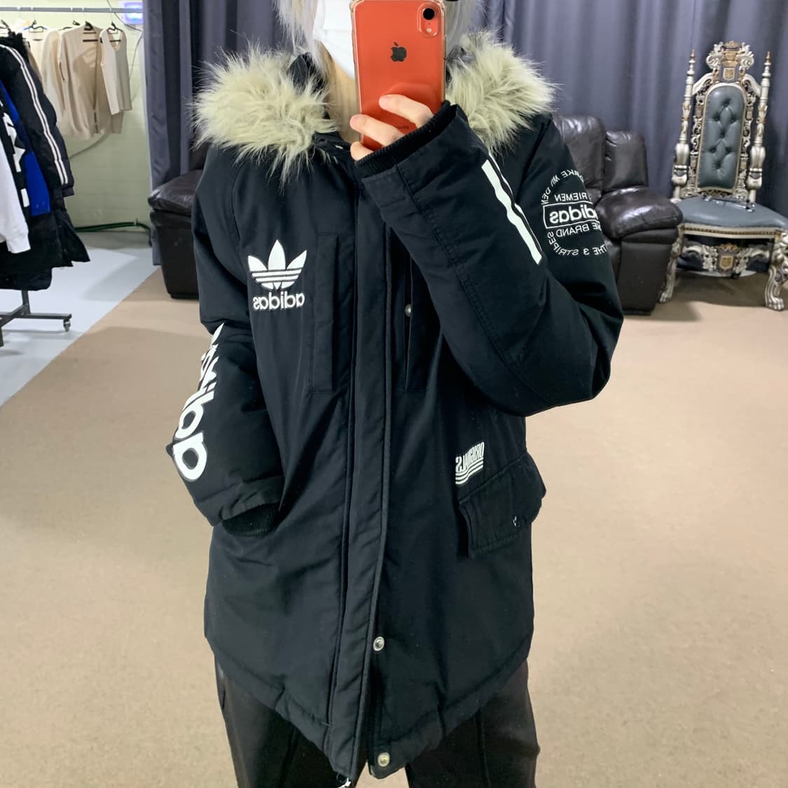 아디다스 오리지널스 블랙 패딩 점퍼 110 남녀공용 울프죠 퍼후드 00s 상품이미지2