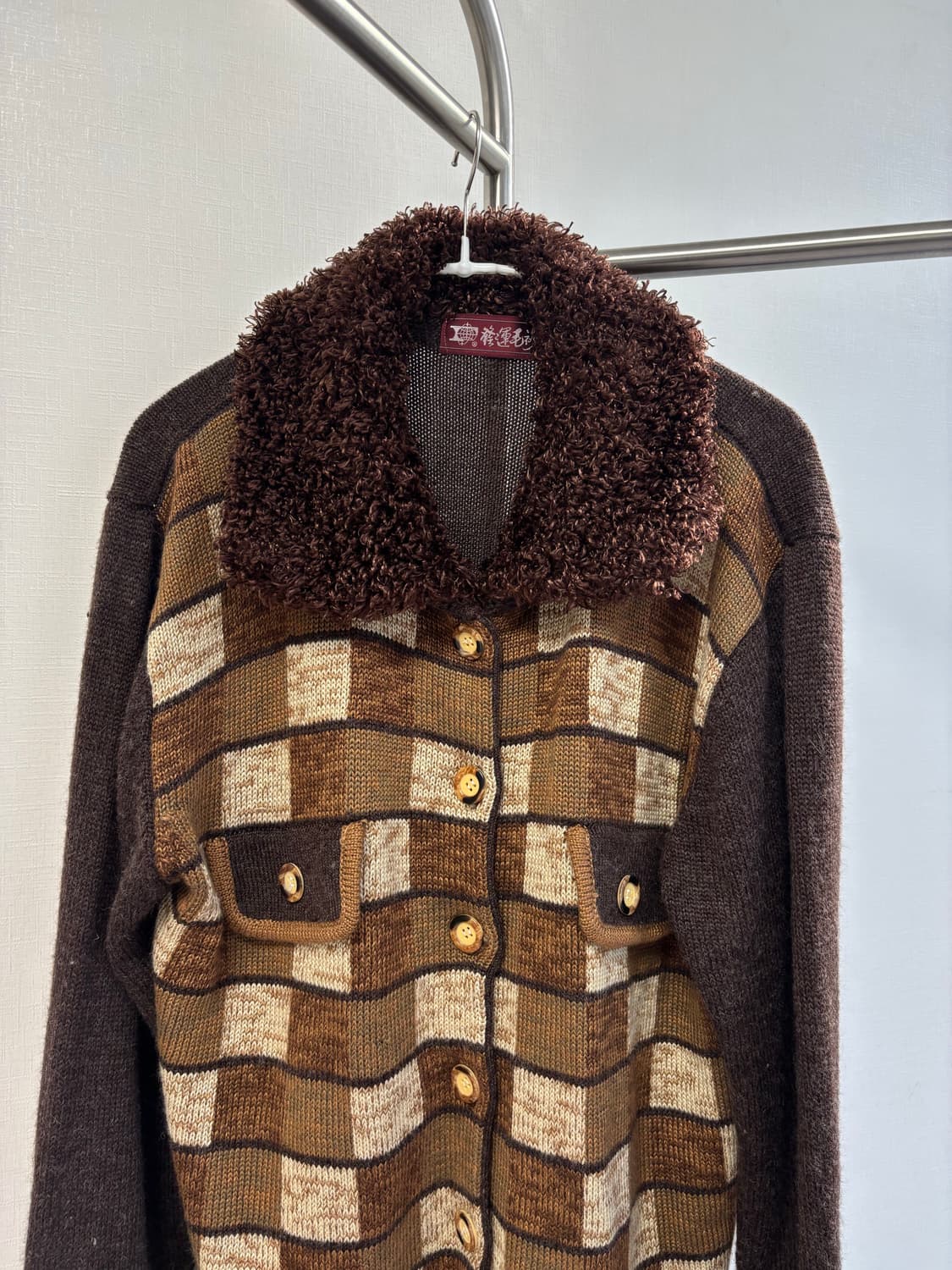 빈티지 브라운 체크보드 퍼리 가디건 상품이미지2