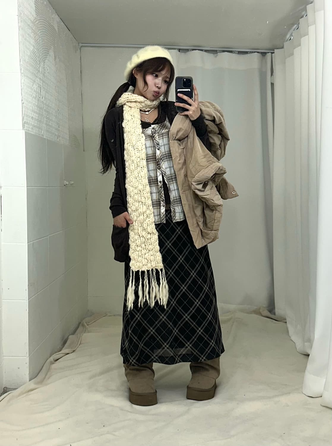 브라운 모카무스 체크 패딩 모리걸 코디세트 상품이미지2