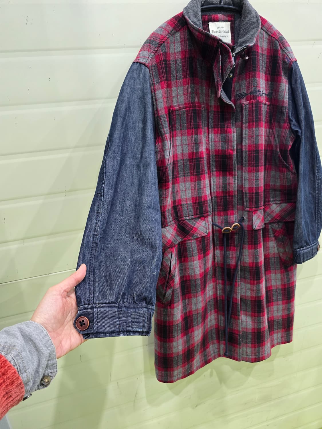 써스데이 아일랜드 체크 데님 롱 코트 S 상품이미지6