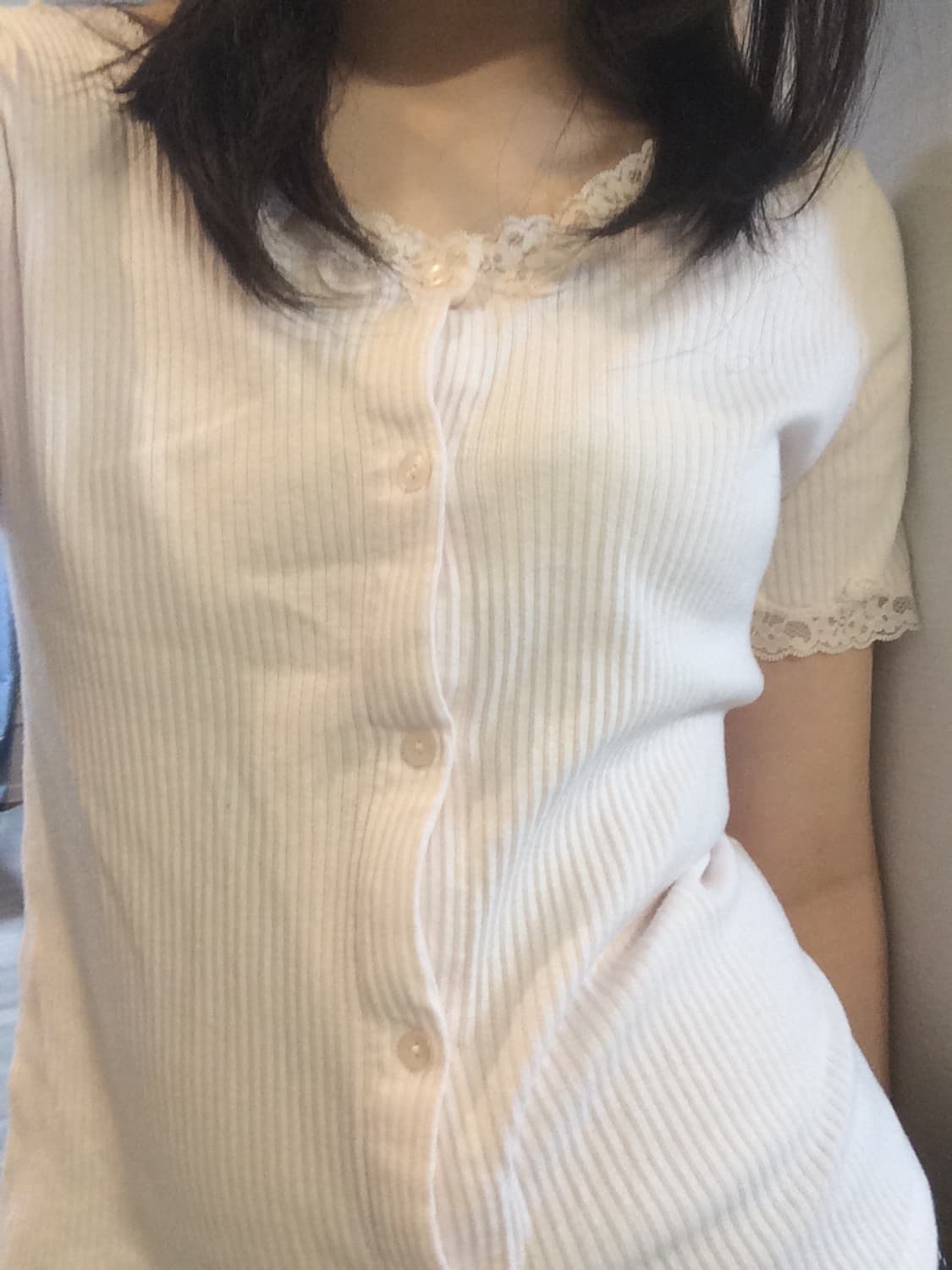 일본빈티지 연핑크 쿨핑크 레이스 버튼 반팔 상품이미지3