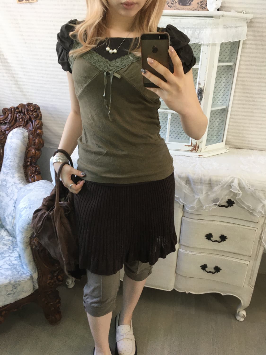 Set)브라운 퍼프 프릴반팔 + 카키 레이스 나시 상품이미지4