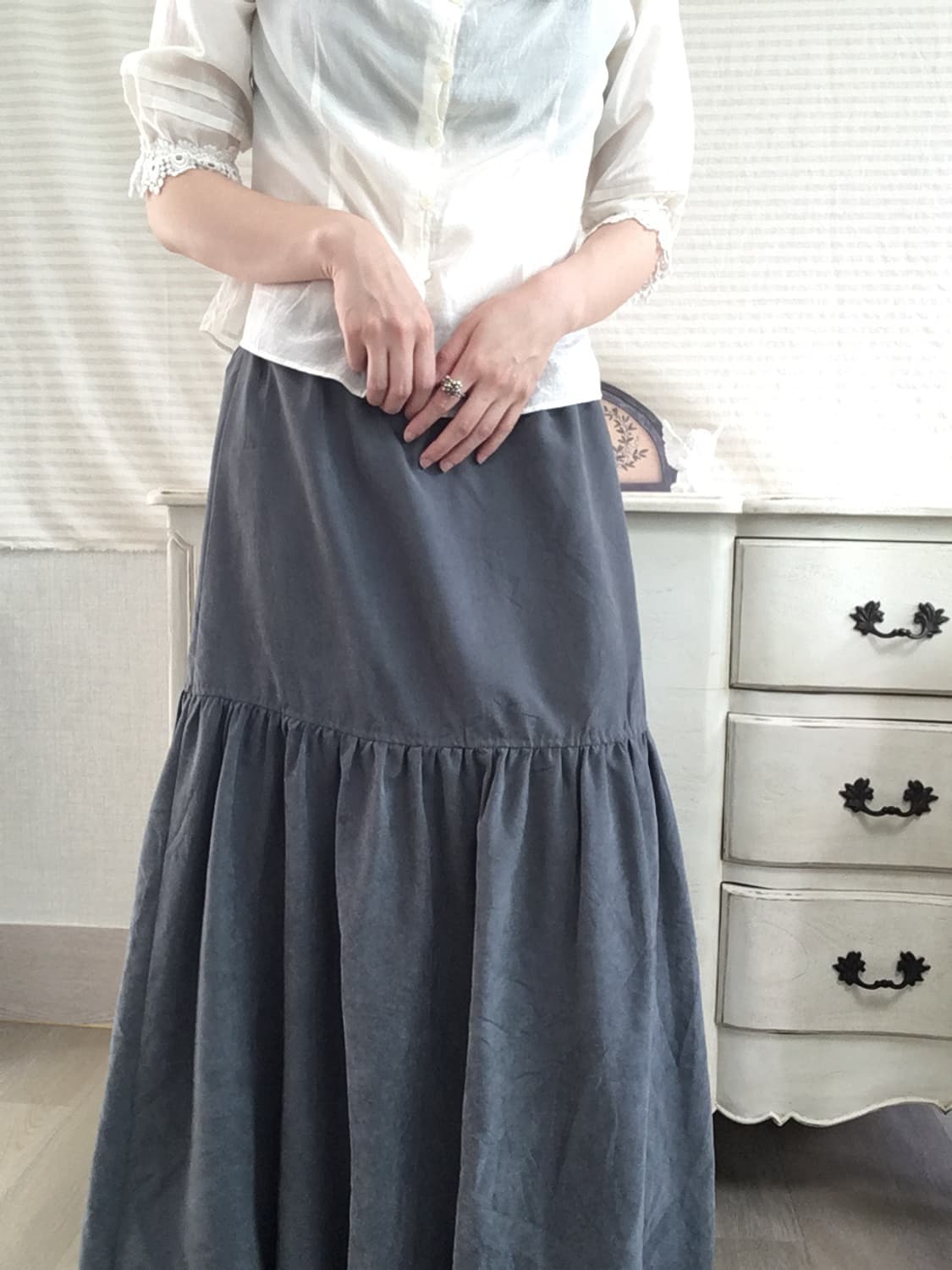 jpn vintage gray shirring long skirt 상품이미지3