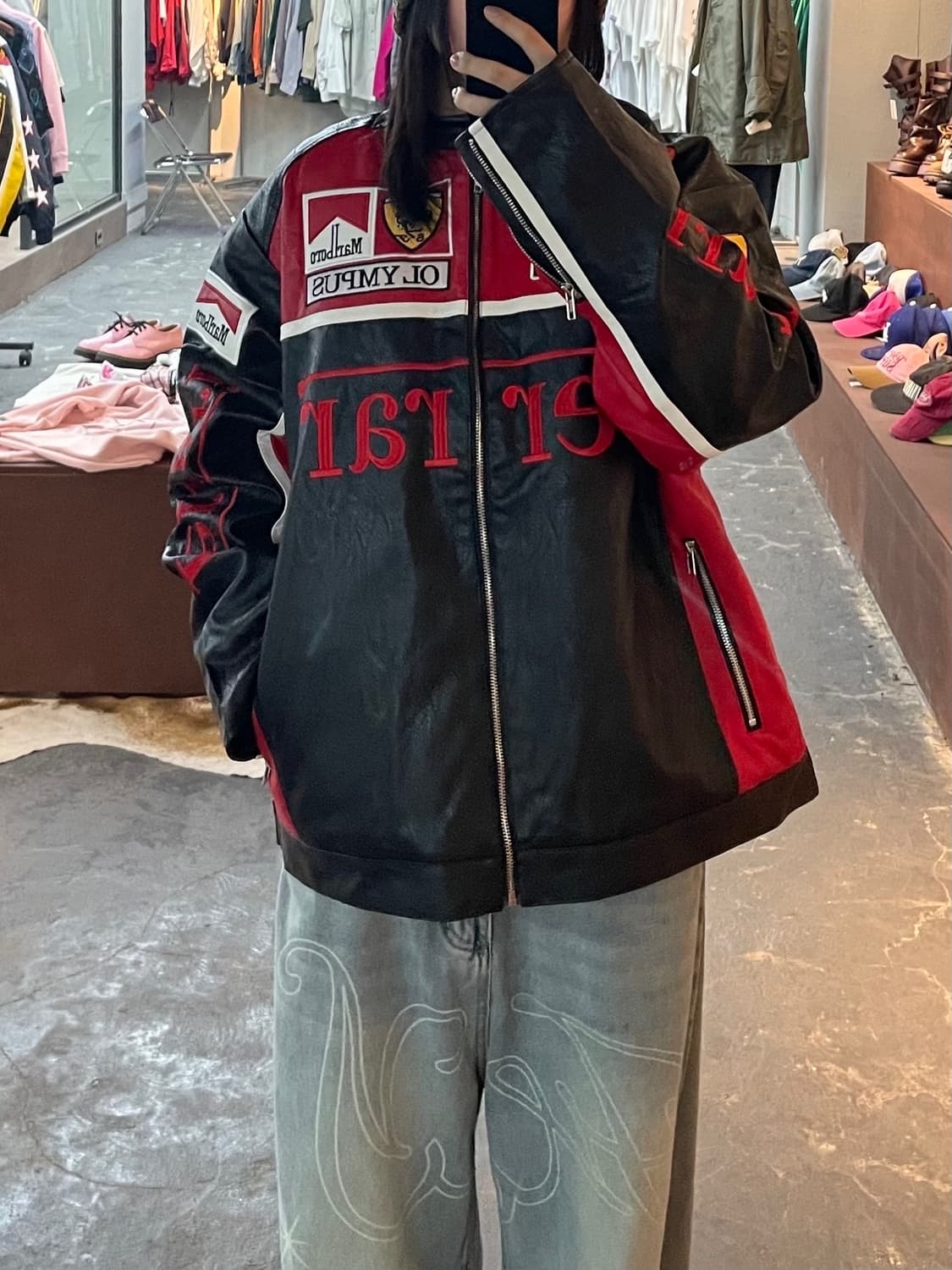 페라리 말보로 패치워크 레드 배색 레더 레이싱 자켓 H1837 상품이미지1