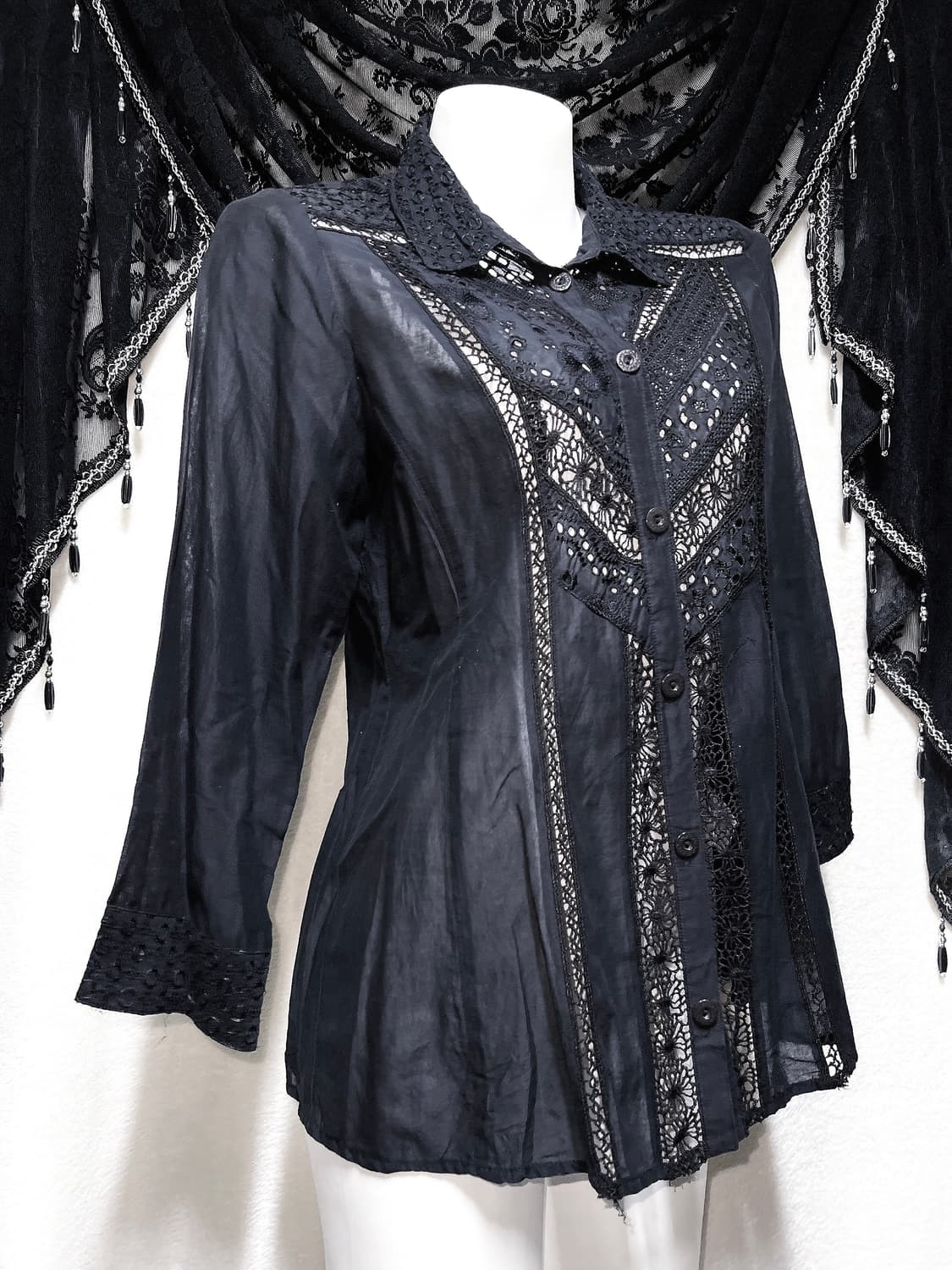 오리엔탈 고스펑크 고딕 레이스 펀칭 블랙 블라우스 중티 다크페어리 핀터 상품이미지5