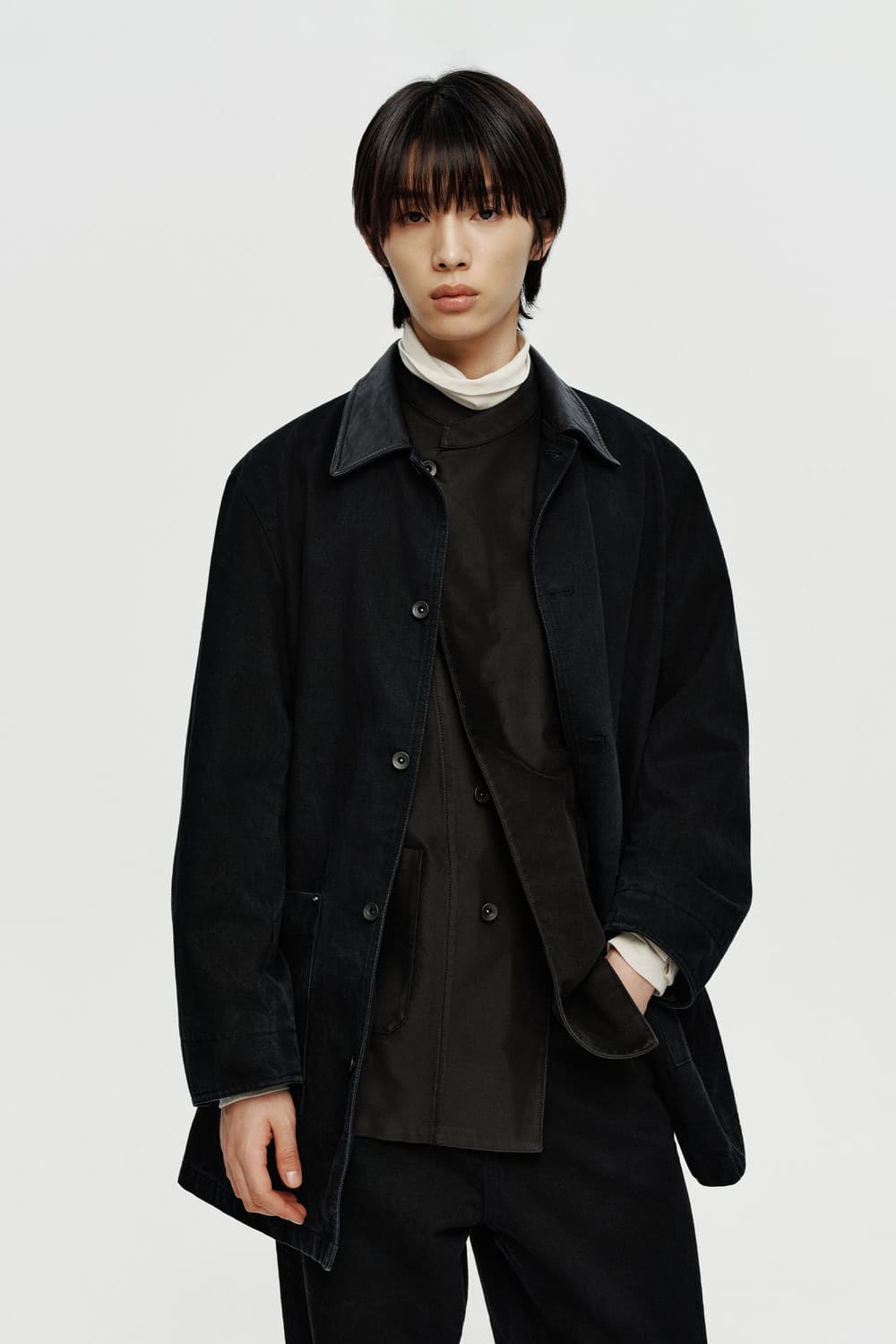 유스 데님 레더 카라 하프 코트 상품이미지2