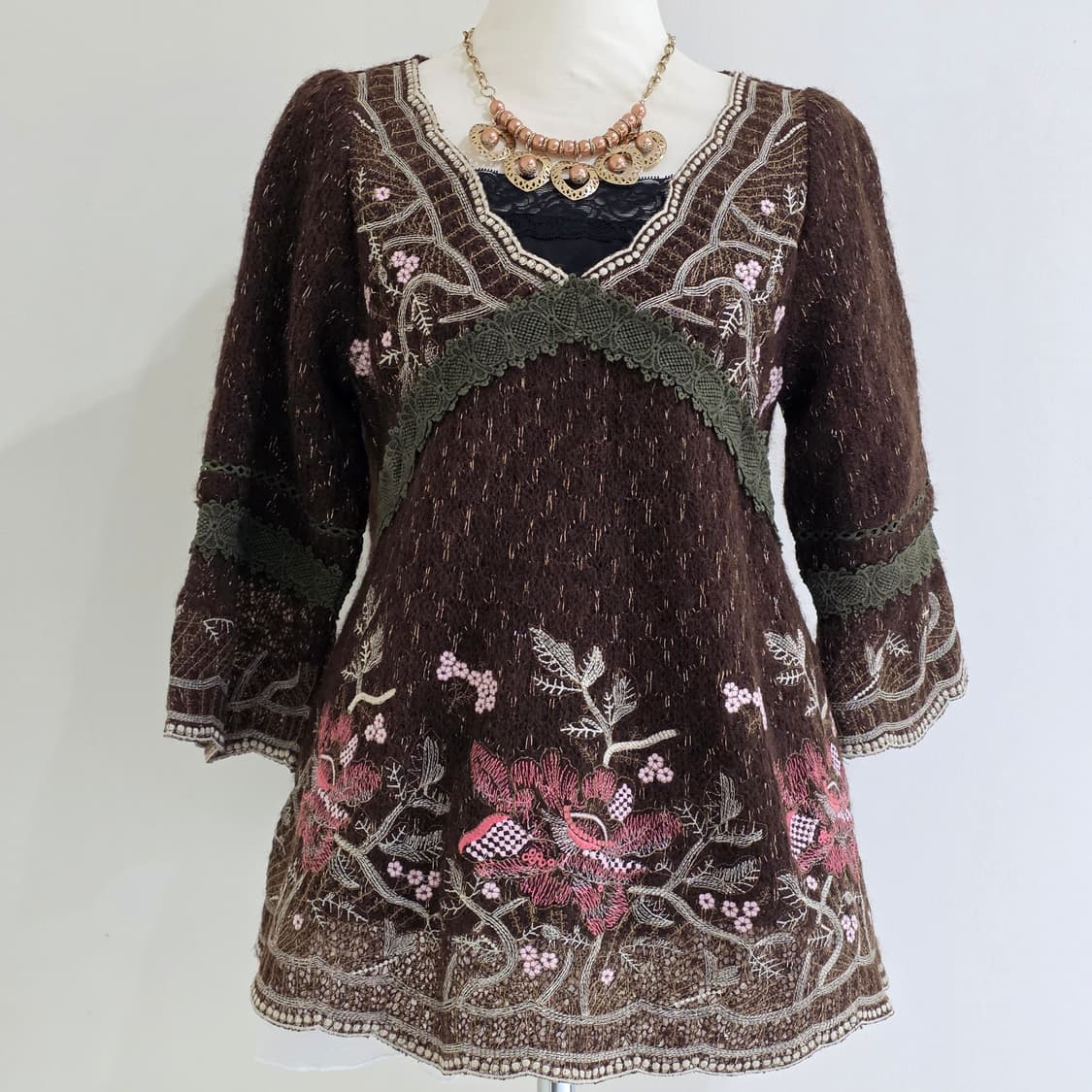 오리엔탈st 모리걸 브라운 울니트 글리터 슬리브블라우스 상품이미지1