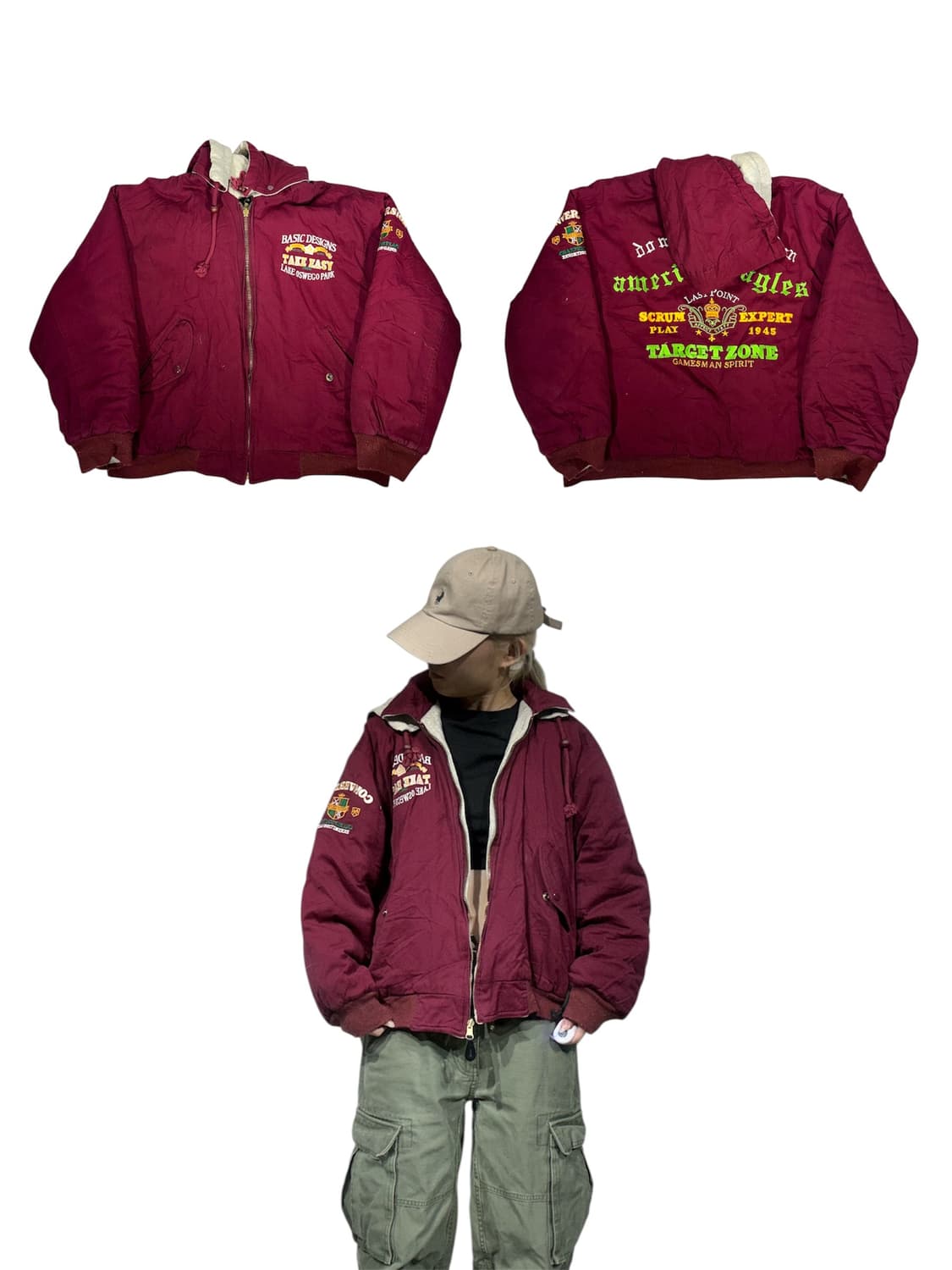 일본 빈티지 버건디 베이지 리버시블 양면 후드 점퍼 자수 자켓 잠바  상품이미지1