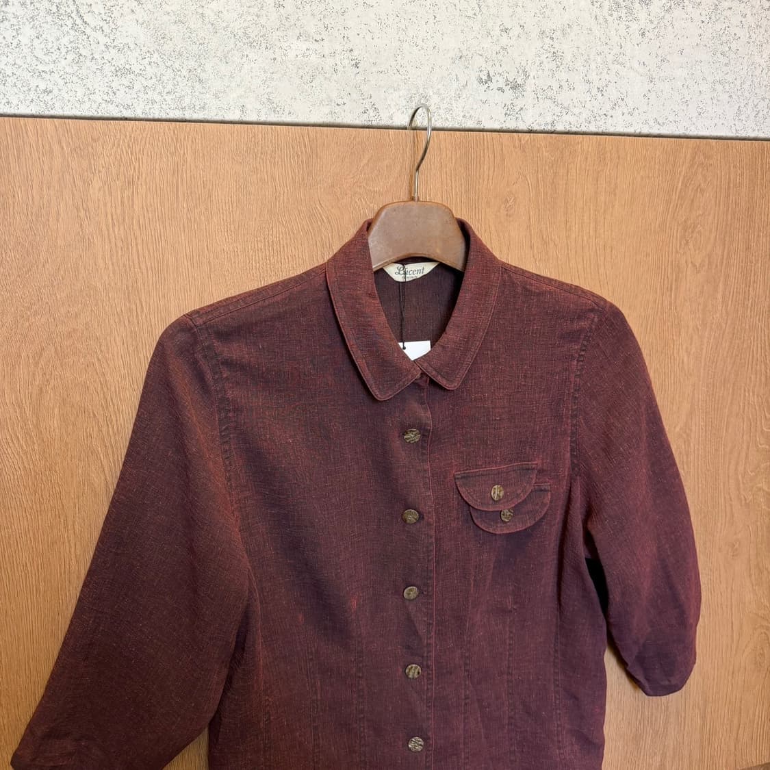 빈티지 린넨 셔츠 싱글 플랩 포켓 디테일 7부 디테일 레귤러핏 와인 상품이미지3