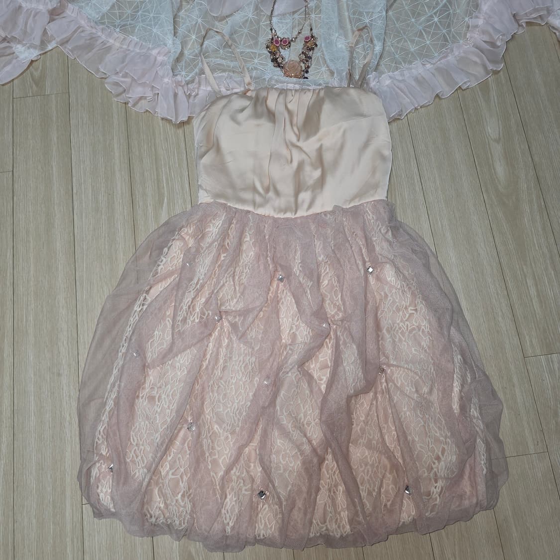 일본빈티지)레이스 라떼히메갸루st 로맨틱 웨딩 샤튤 벌룬 파티미니드레스 상품이미지3