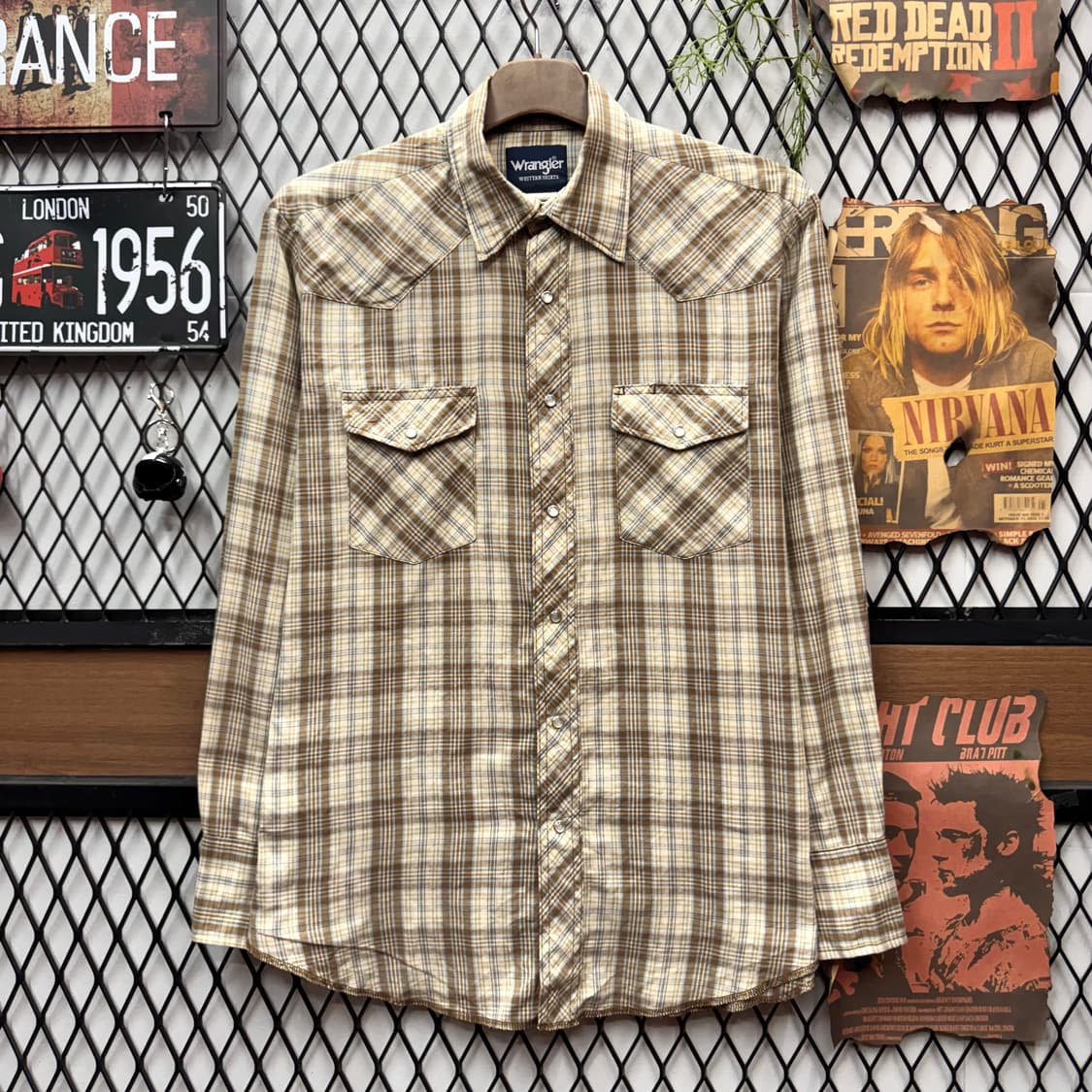 랭글러 체크 패턴 웨스턴 셔츠 전면 투포켓 포인트 아이보리 브라운 상품이미지1