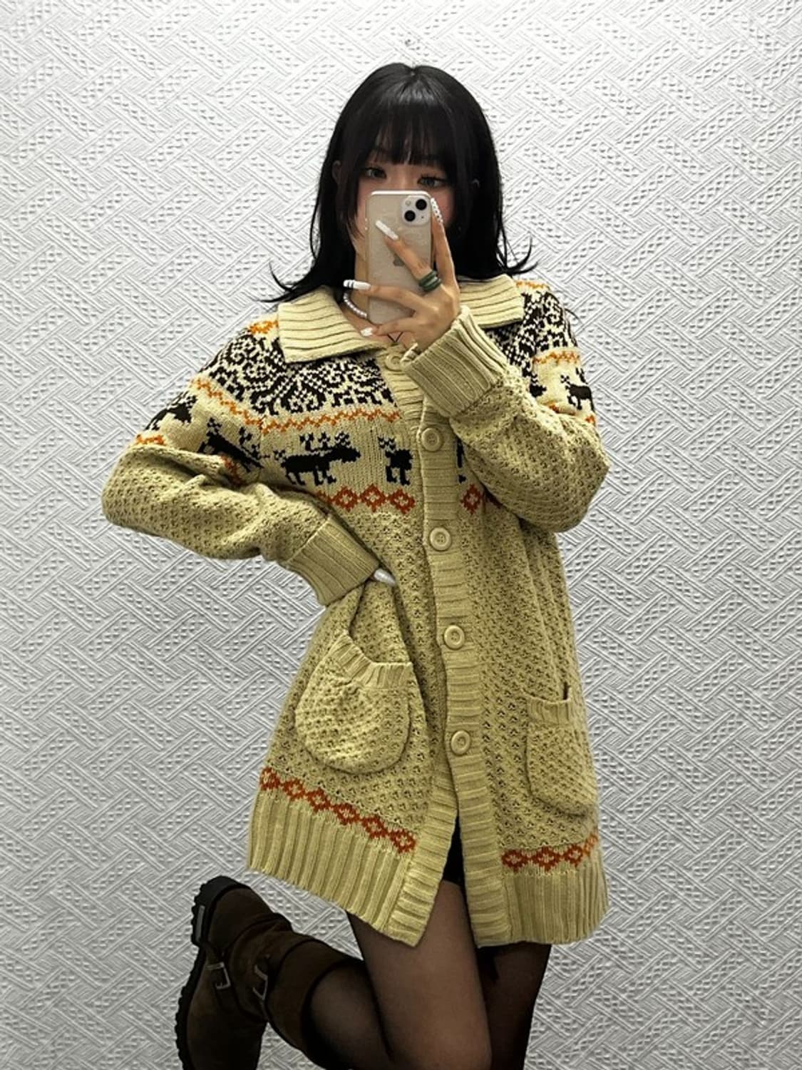 빈티지 코지 모리걸 노르딕 오트밀 버튼 롱 가디건 LL C10877 상품이미지1