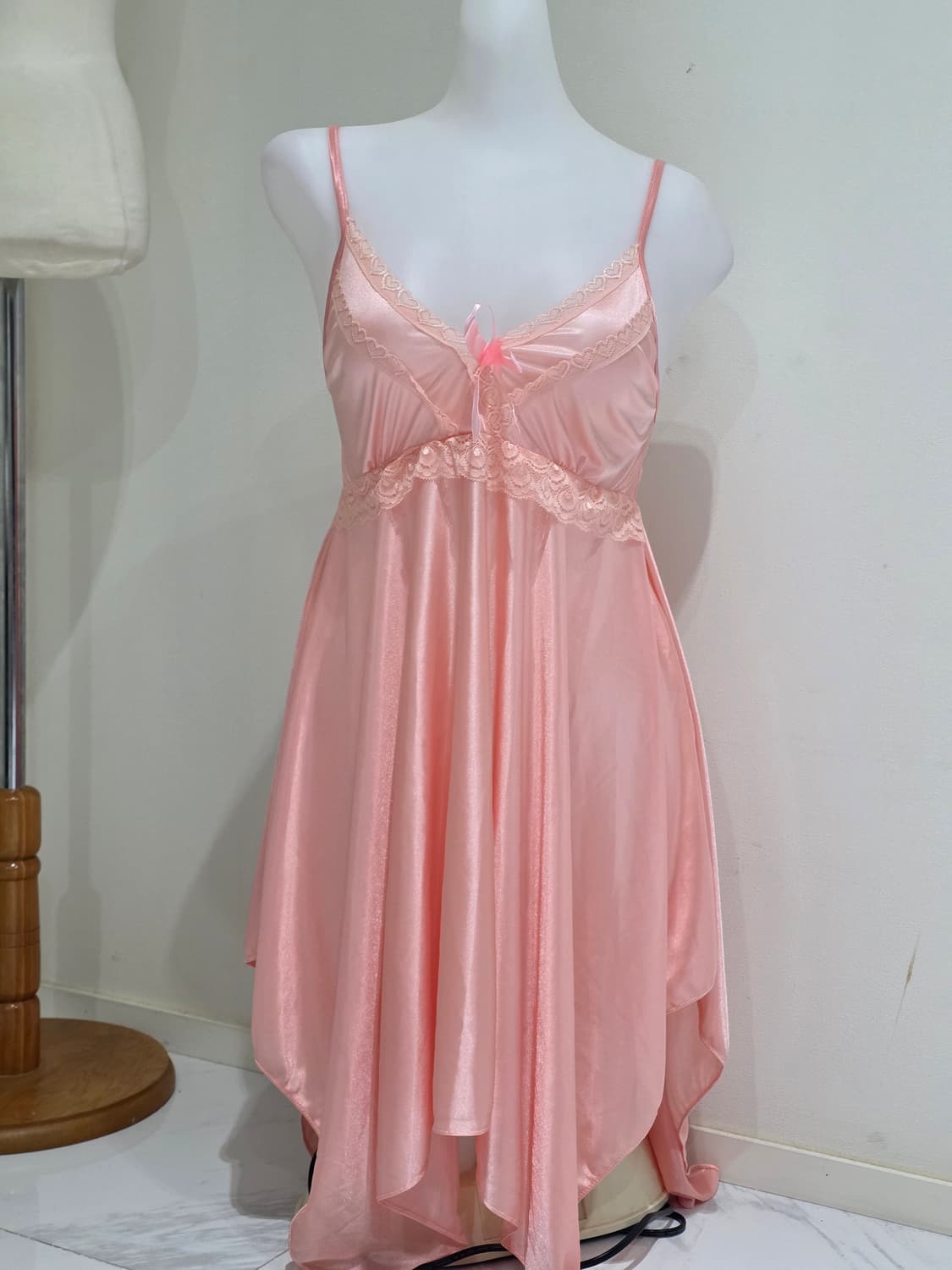 빈티지)하트 레이스 리본 언발란스 히메갸루 핑크 슬립원피스 홈웨어잠옷 상품이미지2