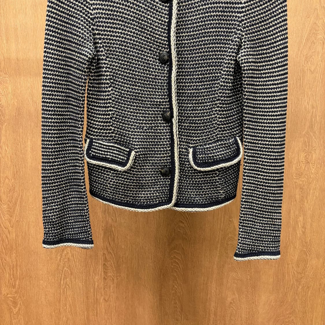 시스템 크롭 트위드 자켓 아이보리 배색 트리밍 요크 라인 디테일 네이비 상품이미지5