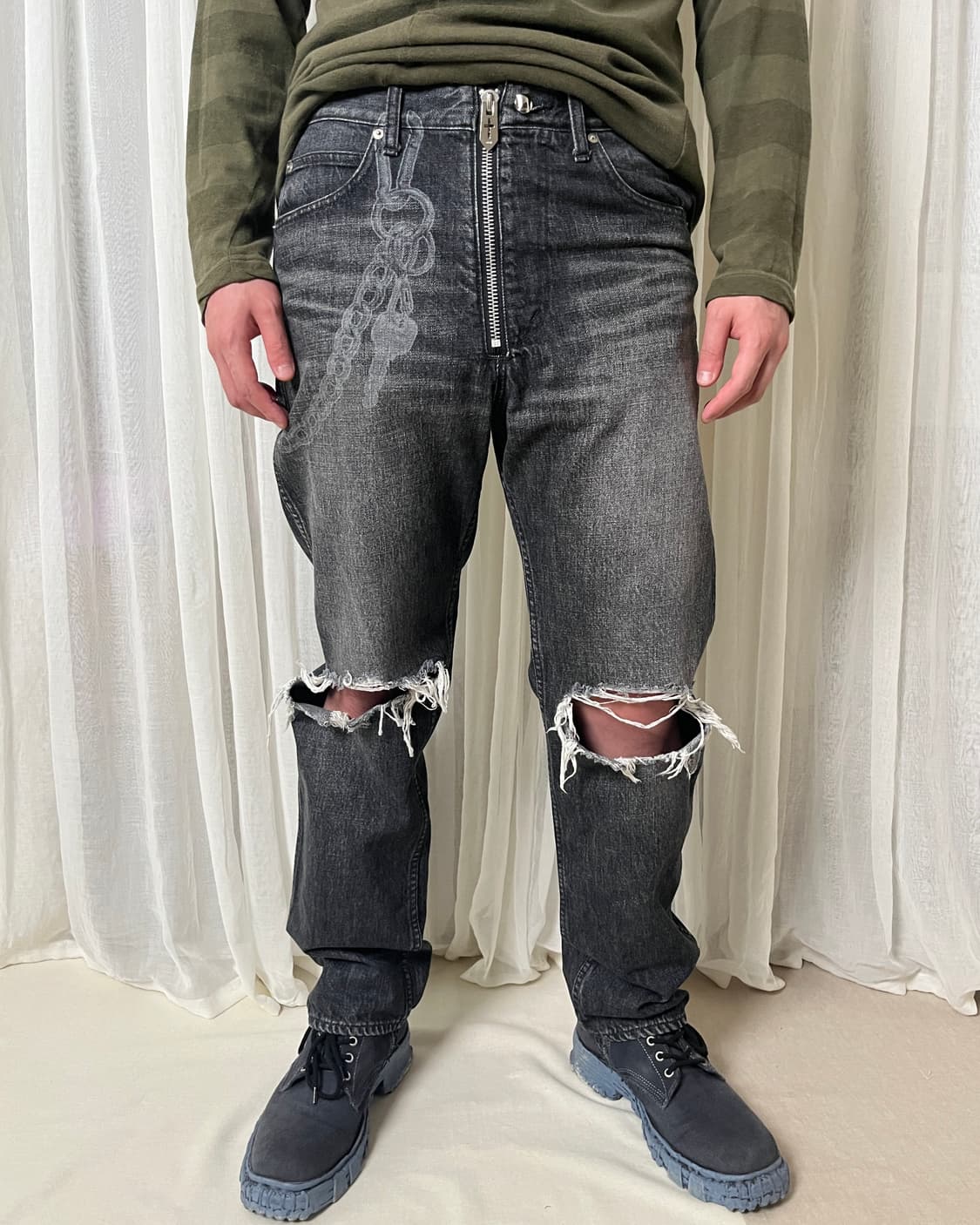 Masu 체인월렛 프린트 데미지 데님팬츠 마수 tight fit 상품이미지7