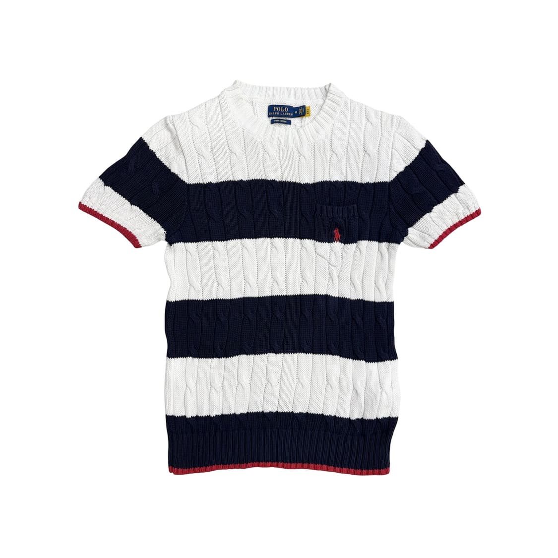 폴로 랄프로렌 여성 화이트 네이비 케이블 반팔 니트 (M) 상품이미지1