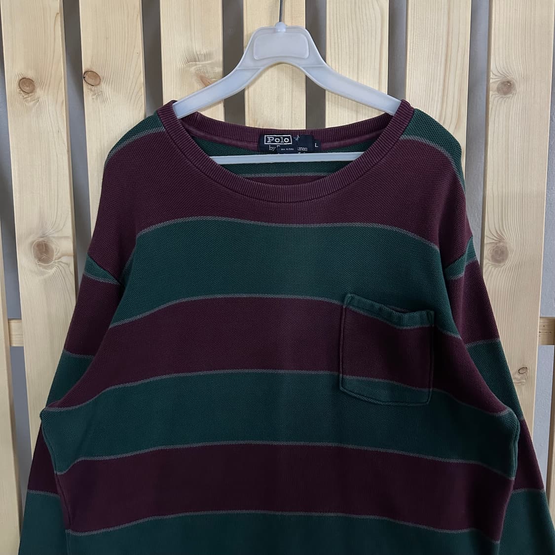 (L) 폴로 랄프로렌 버건디 딥그린 스트라이프 포켓 롱슬리브 티셔츠 상품이미지5