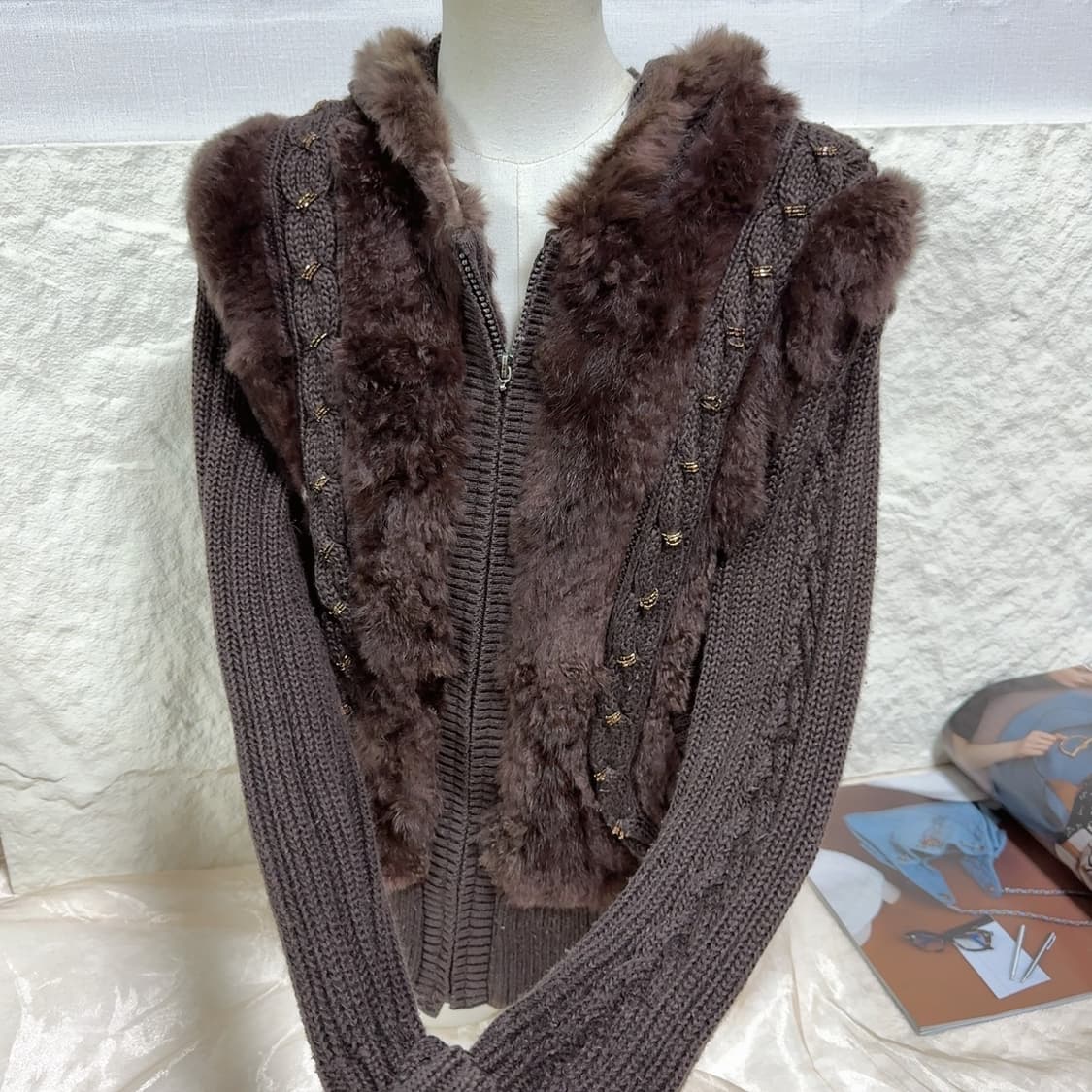 빈티지 커피브라운 토끼털 후드집업 니트자켓 상품이미지4