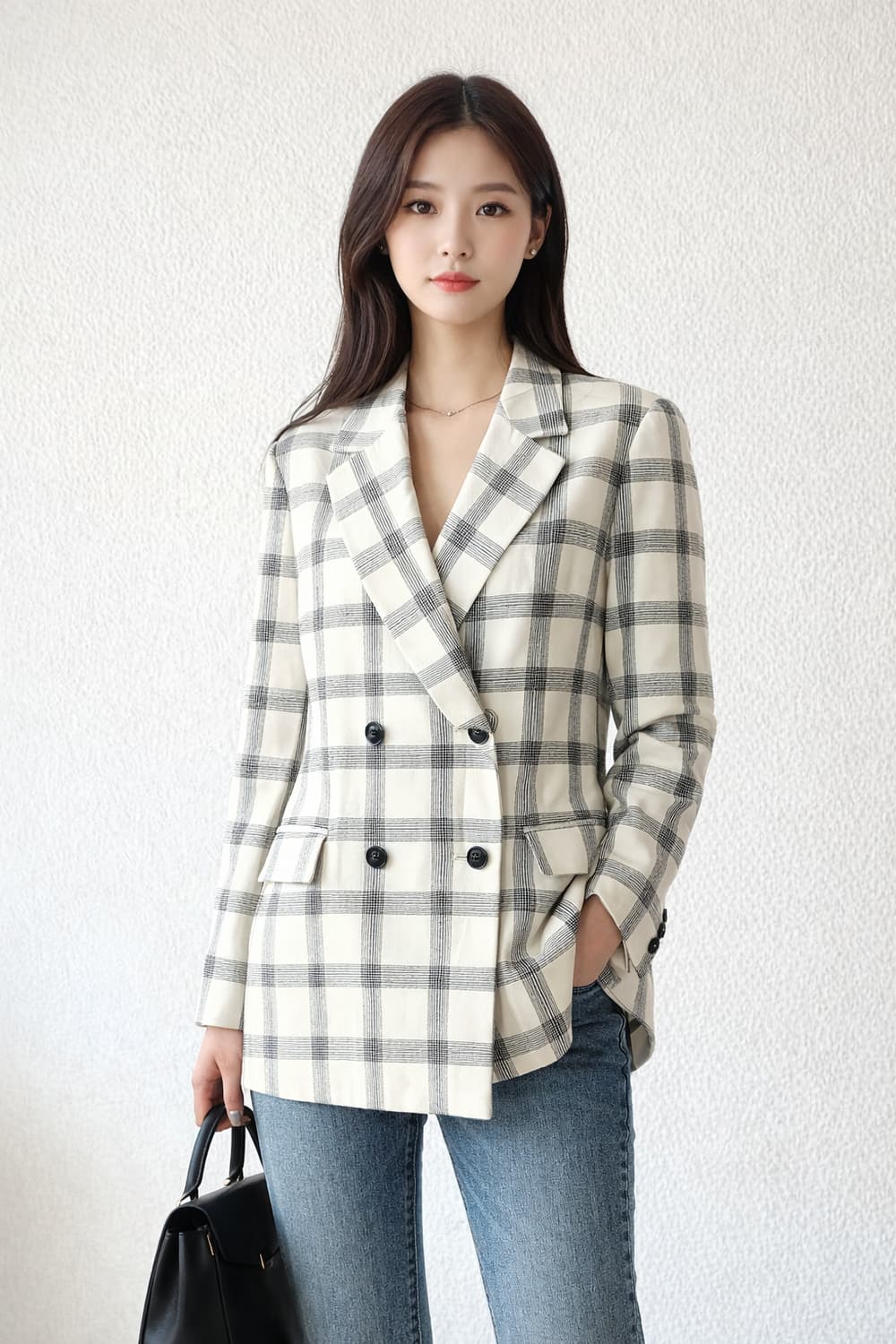 일본감성 크림 체크 자켓 여리핏 더블 봄~여름 아우터 (로미스토리) 상품이미지2
