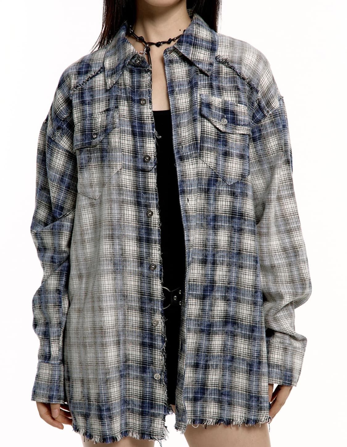 러프넥 워싱 체크 셔츠 블 상품이미지1