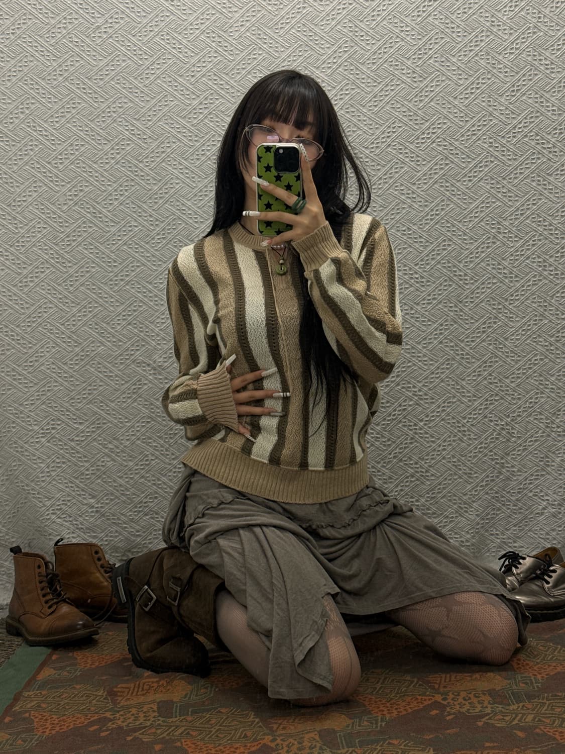 빈티지 코지 모리 스트라이프 패치워크 리본 니트 K0099 상품이미지1