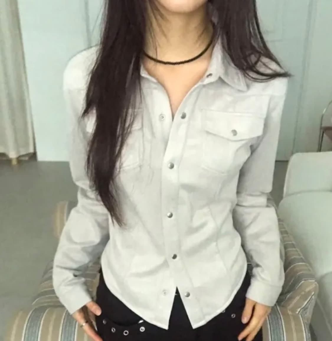 새상품) 스톤 스판 스웨이드 슬림핏 투포켓 남방 상품이미지1