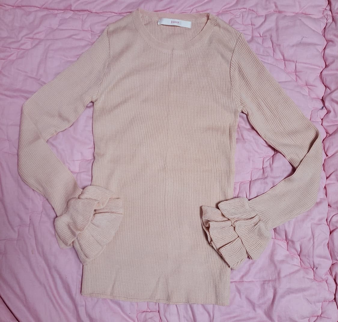 급처새상품!SOUP숲 피치핑크 소매러플프릴2단 골지 니트티셔츠 레니본st 상품이미지1