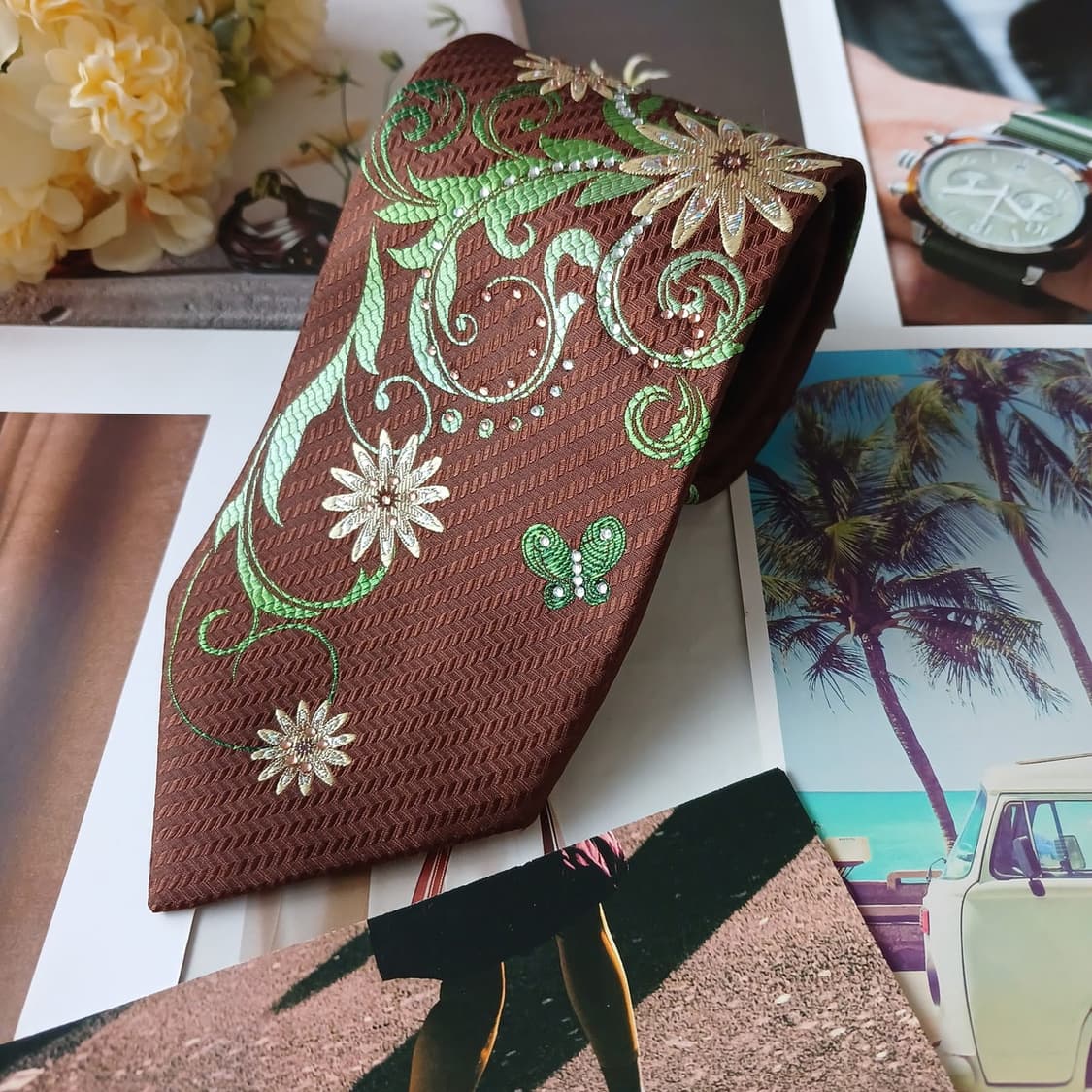 페리엘리스 실크 브라운 플라워 자수 넥타이 9.3cm A등급 A19254 상품이미지3