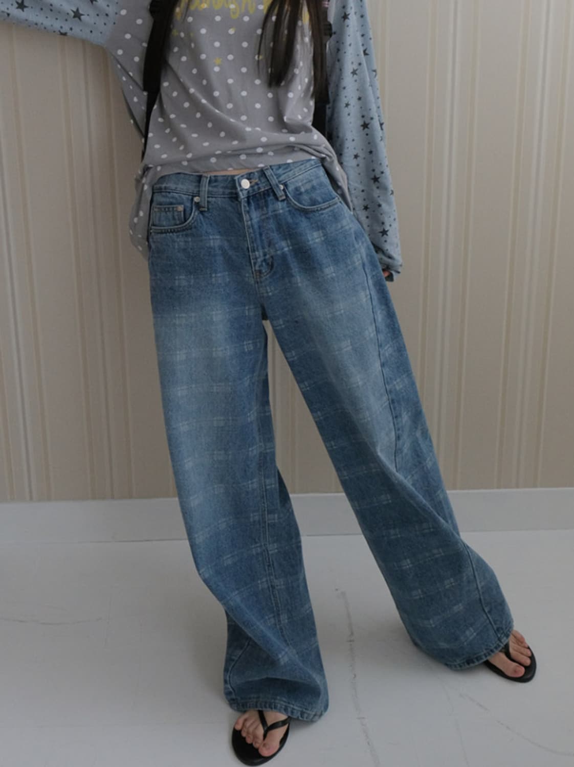 바니쉬먼트 Curved check denim_washed blue 데님 상품이미지2