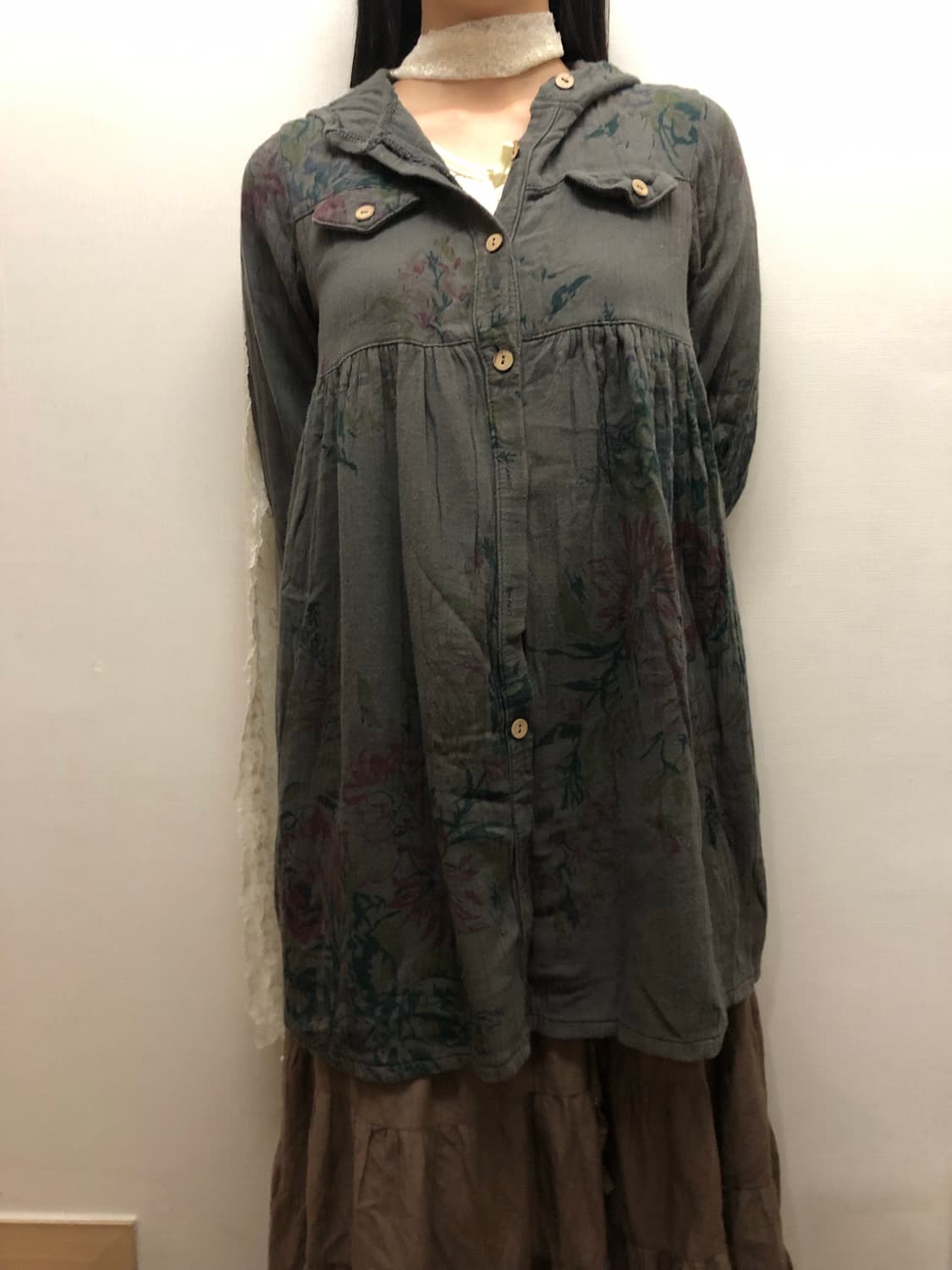 빈티지 딥그레이 플라워 후디 셔츠 상품이미지1