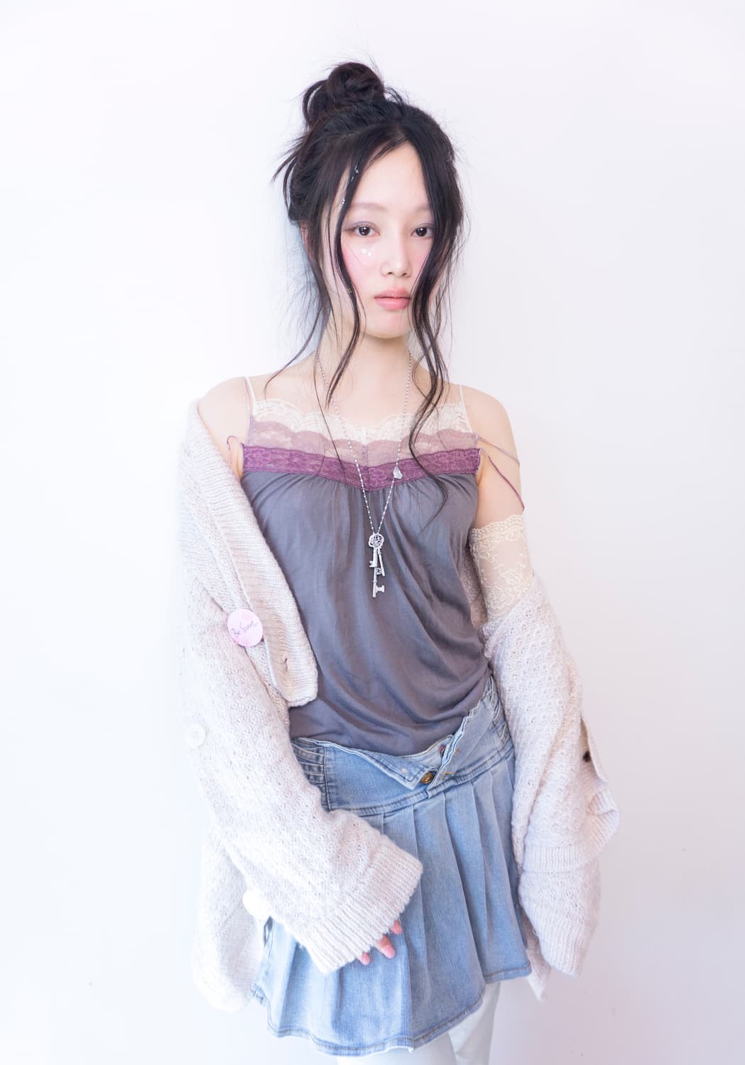 Eyelet detail 3buttons denim skirt pants 상품이미지6