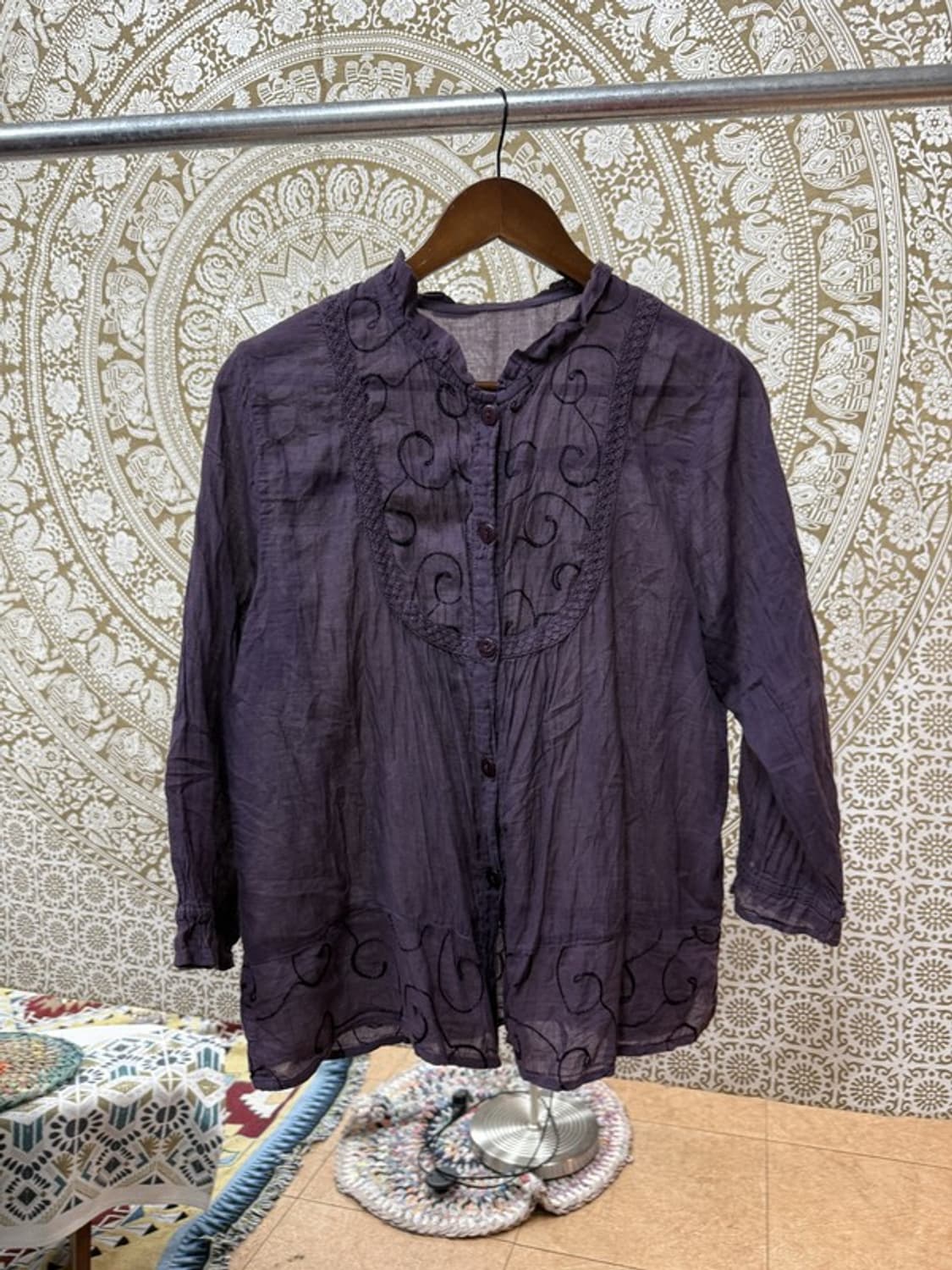 제페니즈 빈티지 여성 패턴 퍼플 7부 블라우스 상품이미지3