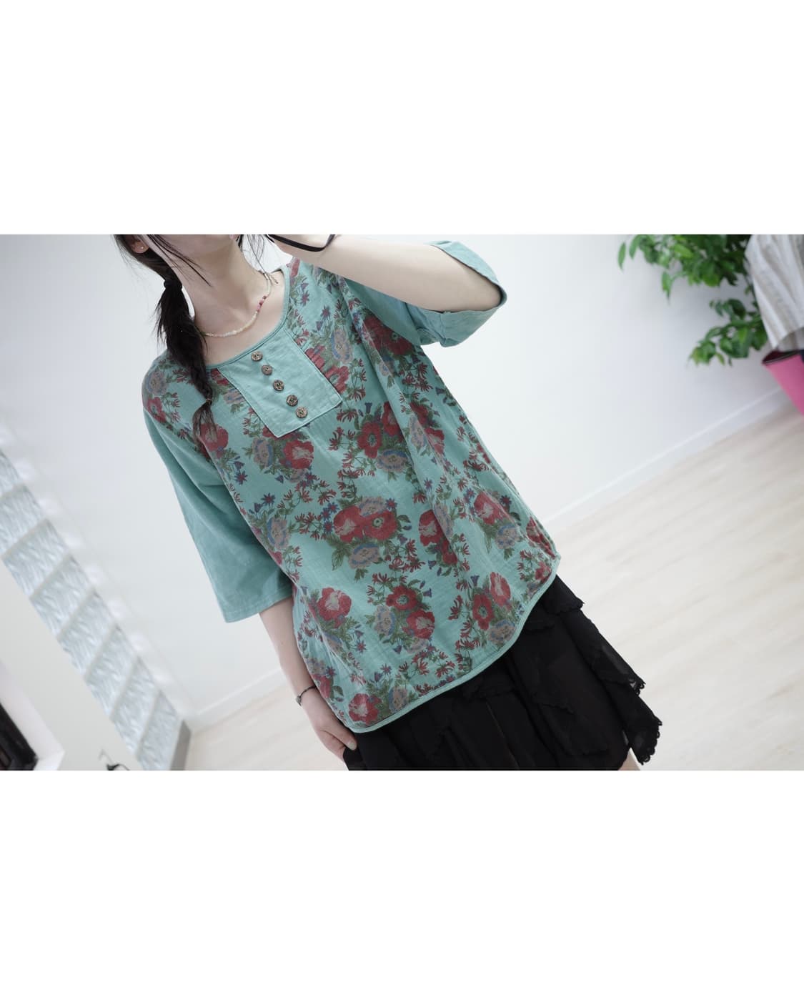 Blue-green flower blouse 상품이미지2